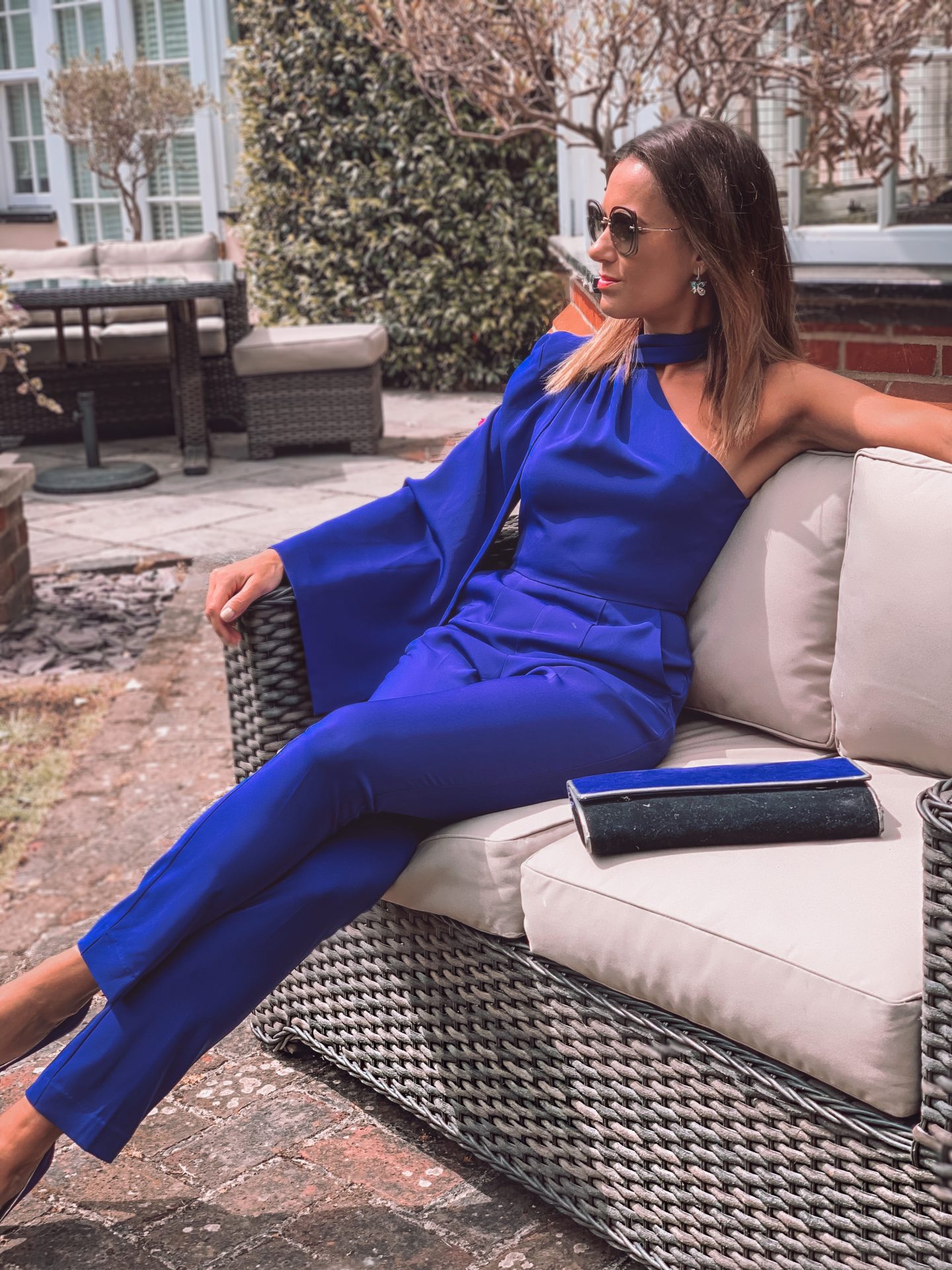 Lavish Alice Cobalt Blue Jumpsuit | Miu Miu sunglasses | Swarovski earrings