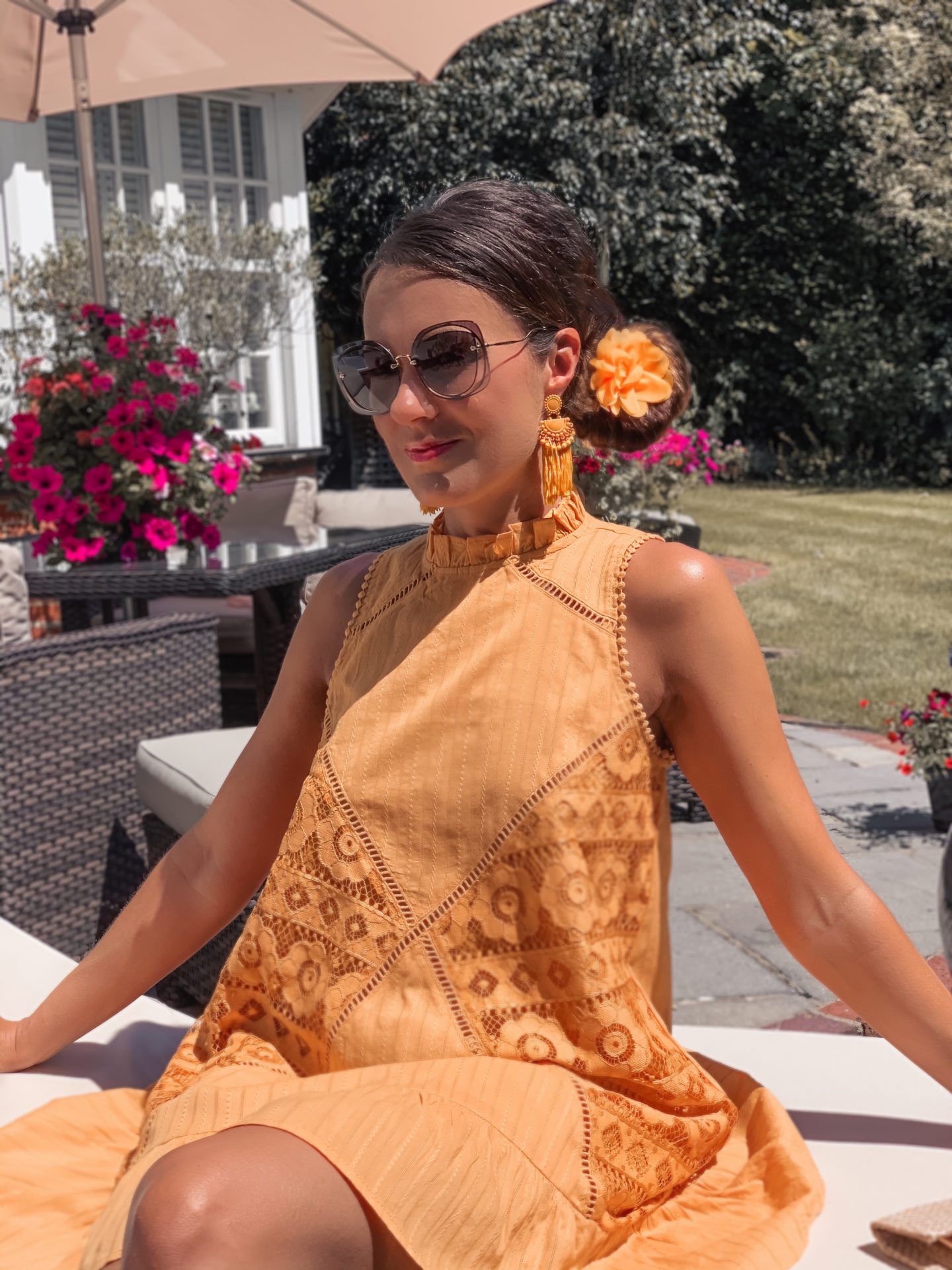 Summer Dress, Sundress, Lace dress, ASOS dress, yellow mini dress | Miu Miu sunglasses | ASOS bow satin yellow shoes | hair flower clip | Charlotte Tilbury make up | tassel yellow earrings