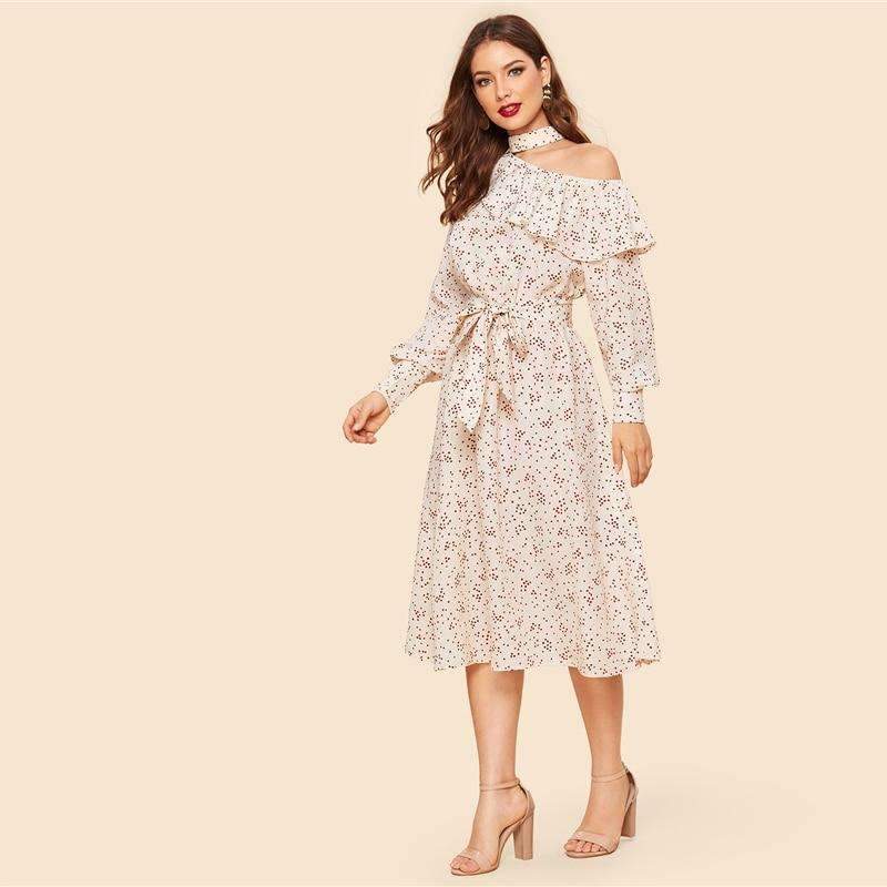 Elegant Duchess Boutique Vintage Ruffle Cold Shoulder Bishop Sleeve Belted Midi Dress