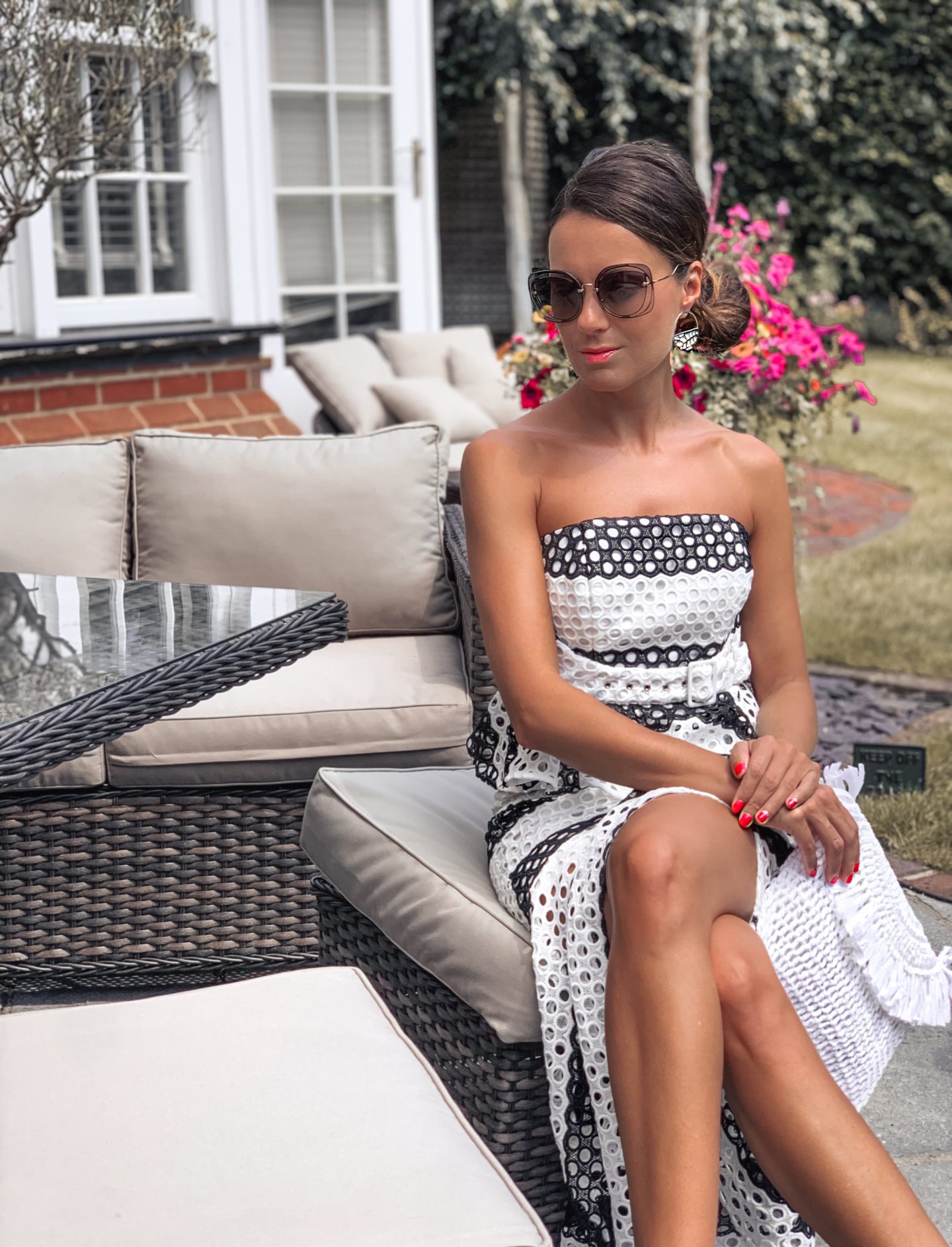 ASOS DESIGN bandeau mono stripe lace midi pencil dress in monochrome | South Beach Exclusive fold over clutch in white straw | Miu Miu Sunglasses | Les Georgettes earrings