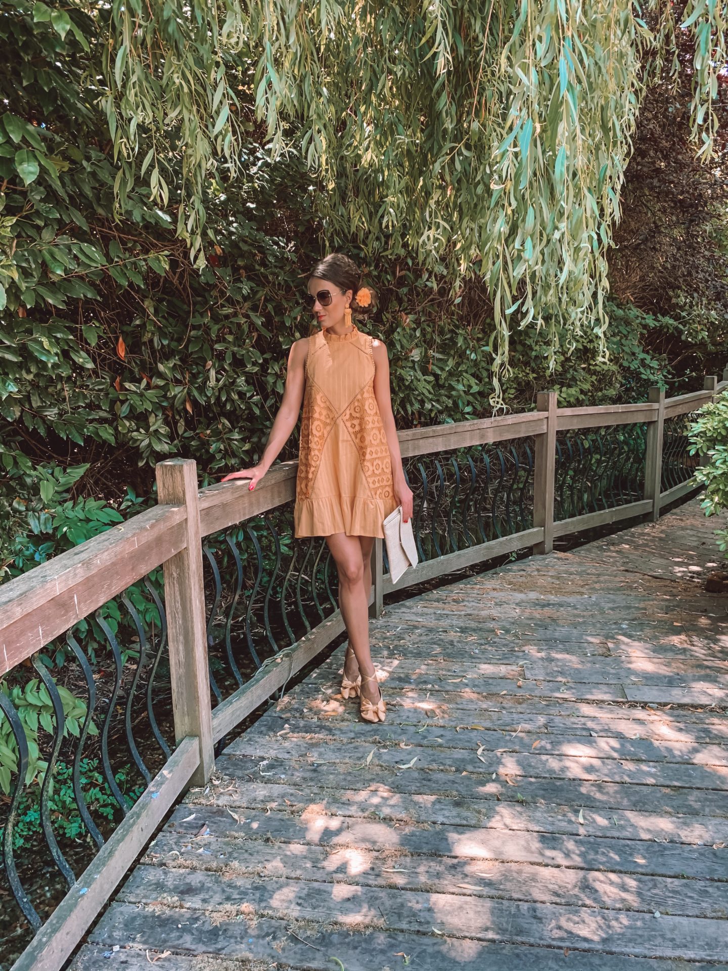 Summer Dress, Sundress, Lace dress, ASOS dress, yellow mini dress | Miu Miu sunglasses | ASOS bow satin yellow shoes | hair flower clip | Charlotte Tilbury make up | tassel yellow earrings