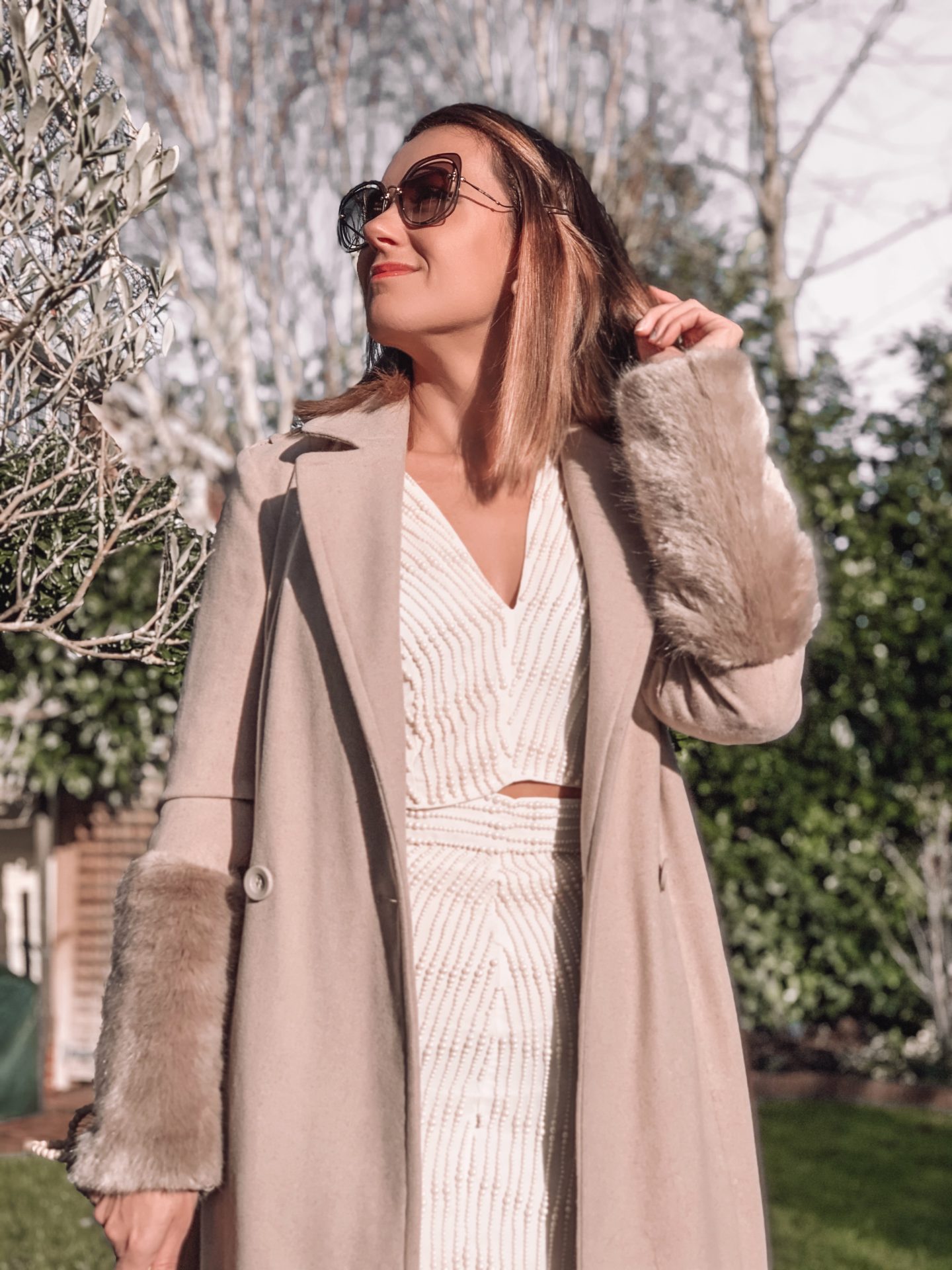 ASOS EDITION embellished pearl midi skirt co-ord | ASOS EDITION embellished pearl kimono sleeve top co-ord | Miu Miu sunglasses | Fashion Union Hybrid Faux Fur Sleeves Coat