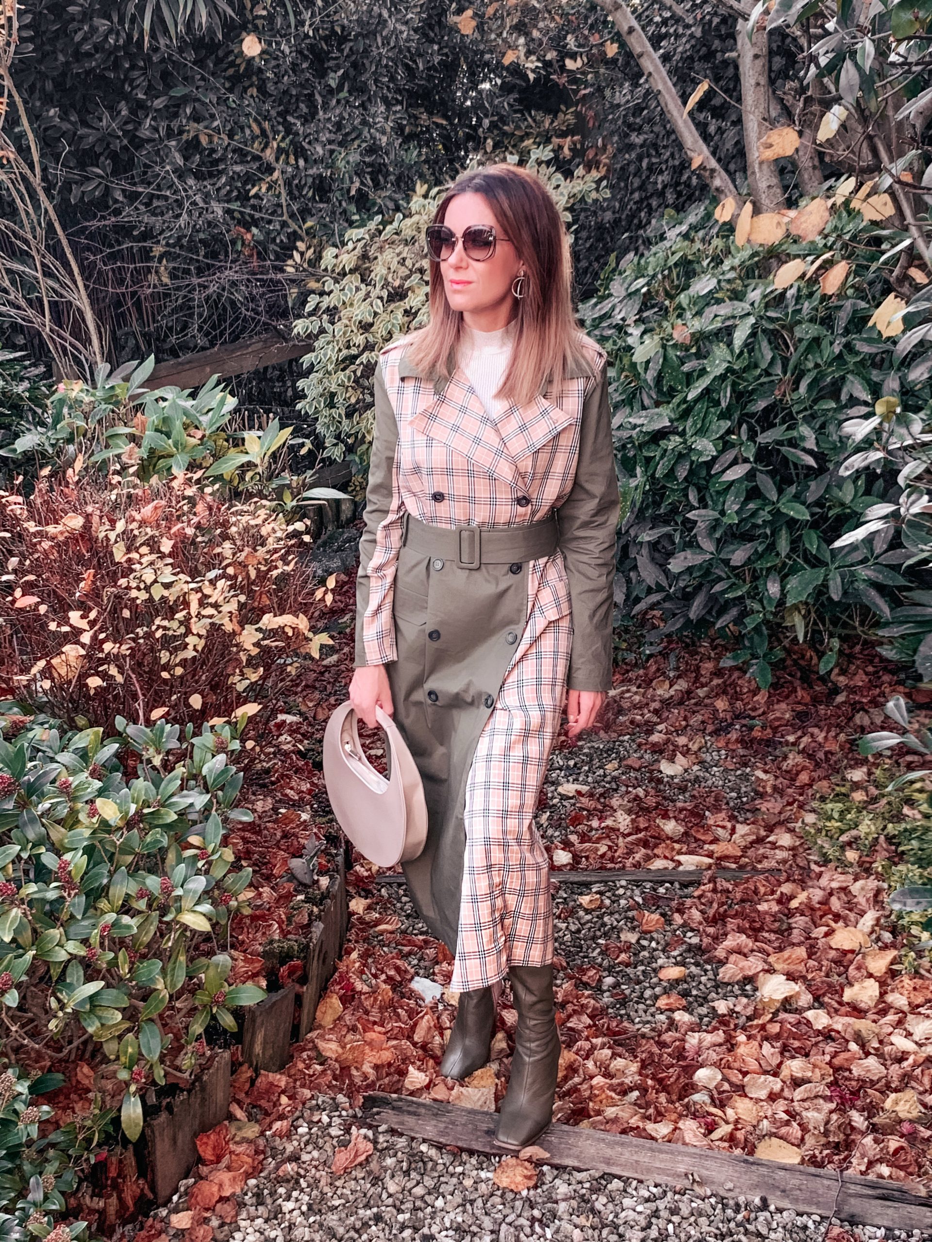 Unique21 mix& match trench in khaki & check | ASOS DESIGN Citrus high-heeled knee boots in khaki and tan mix | ASOS DESIGN smooth curved shoulder bag in beige | Miu Miu sunglasses