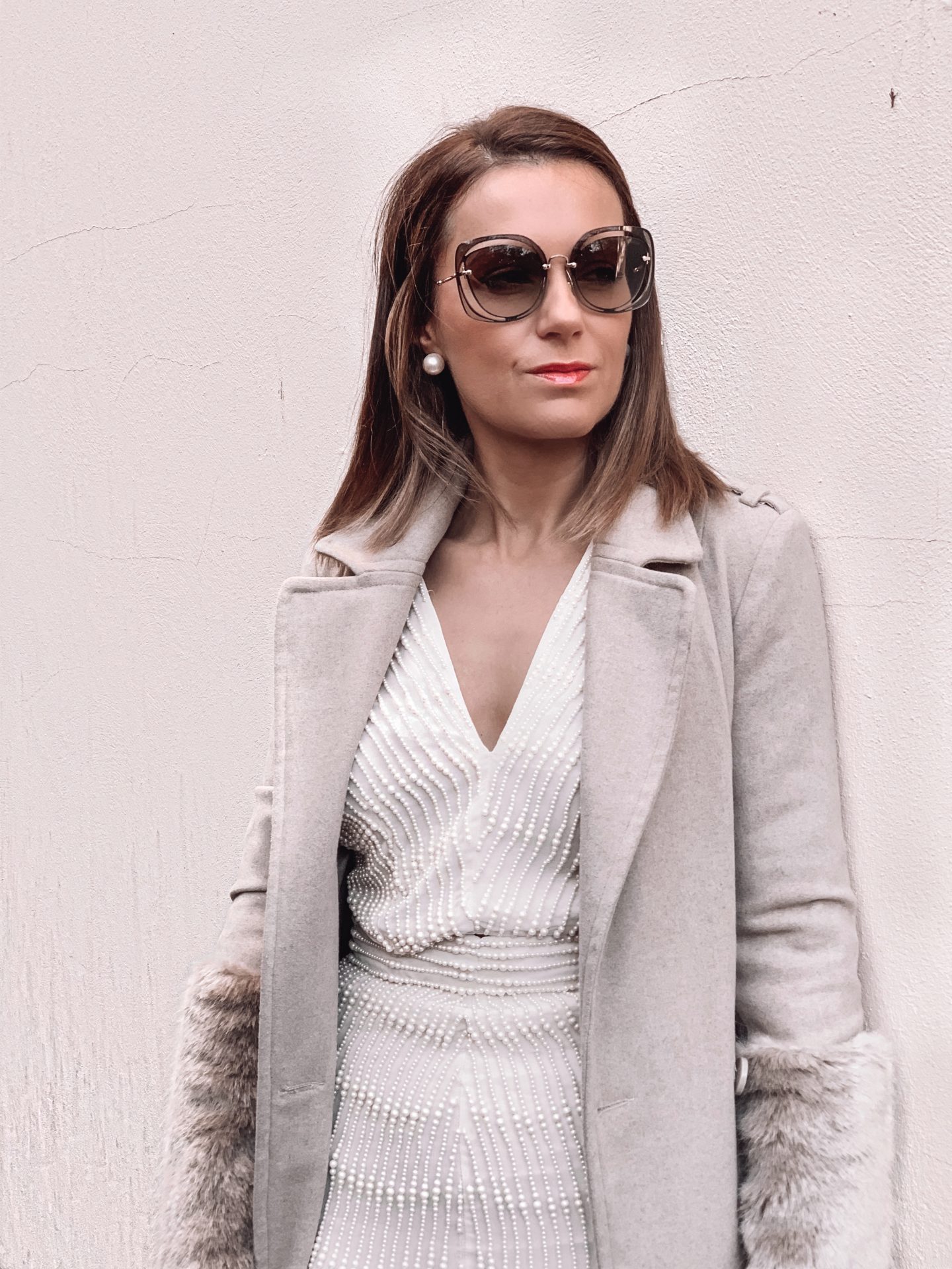 ASOS EDITION embellished pearl midi skirt co-ord | ASOS EDITION embellished pearl kimono sleeve top co-ord | Miu Miu sunglasses | Fashion Union Hybrid Faux Fur Sleeves Coat