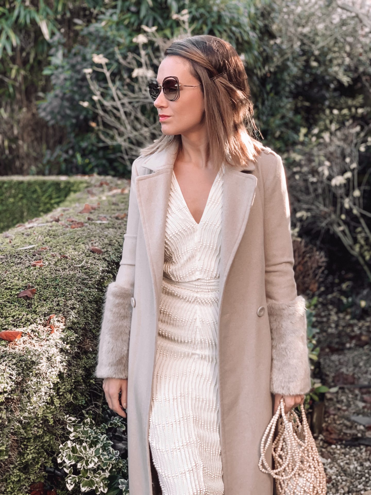ASOS EDITION embellished pearl midi skirt co-ord | ASOS EDITION embellished pearl kimono sleeve top co-ord | Miu Miu sunglasses | Fashion Union Hybrid Faux Fur Sleeves Coat | Accessorize beaded basket grab bag in white