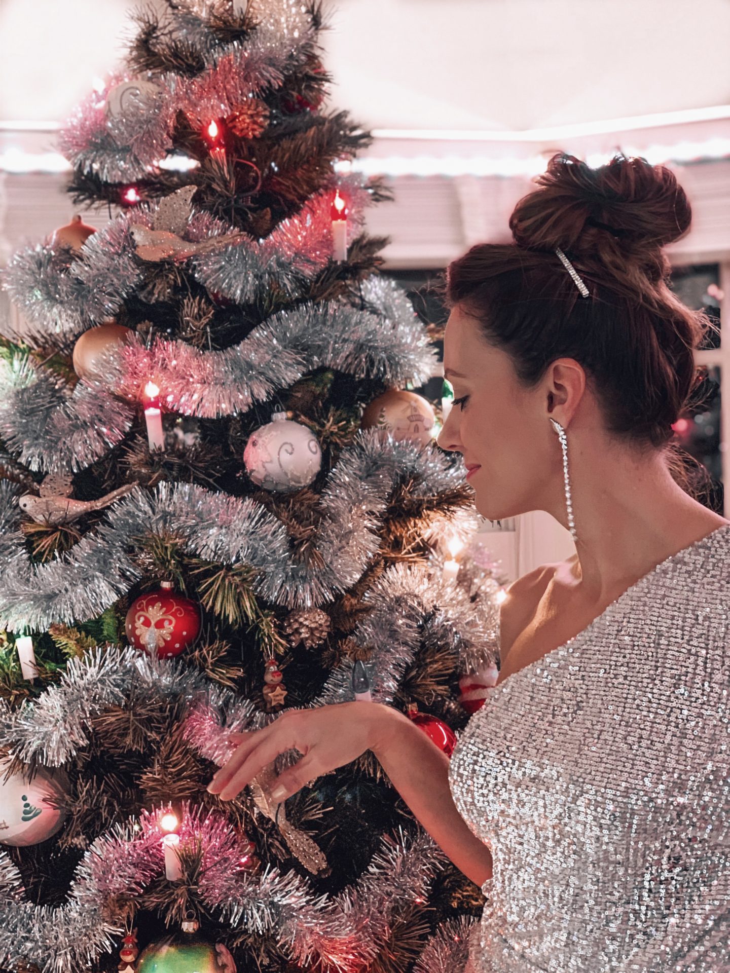 Christmas Decorations, Christmas Tree, Sequin Dress, Swarovski Earrings