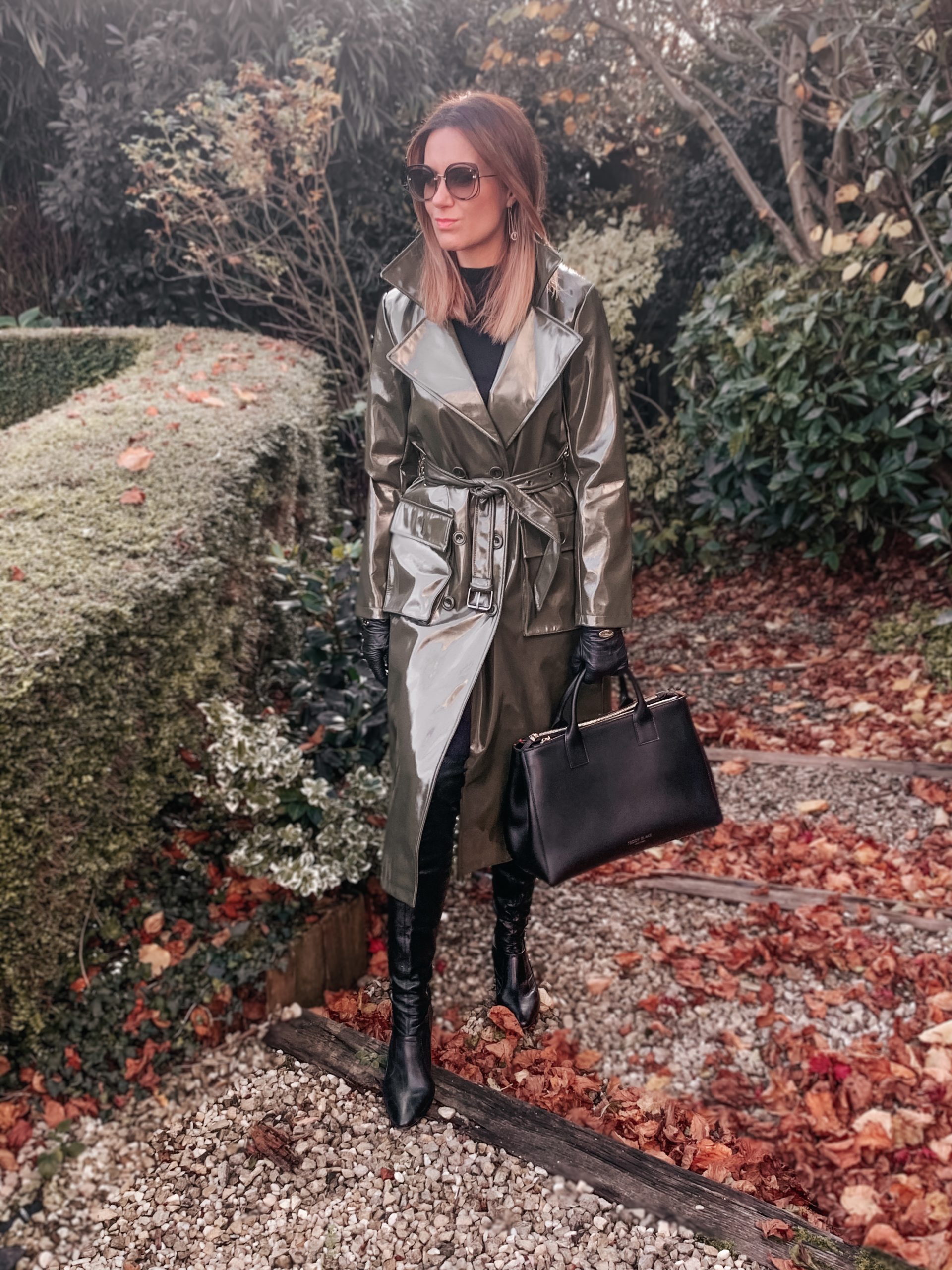 ASOS Urbancode high shine PU belted trench coat in khaki | Mulberry gloves | Miu Miu sunglasses | Teddy Blake Bag |Dune Over the Knee Boots