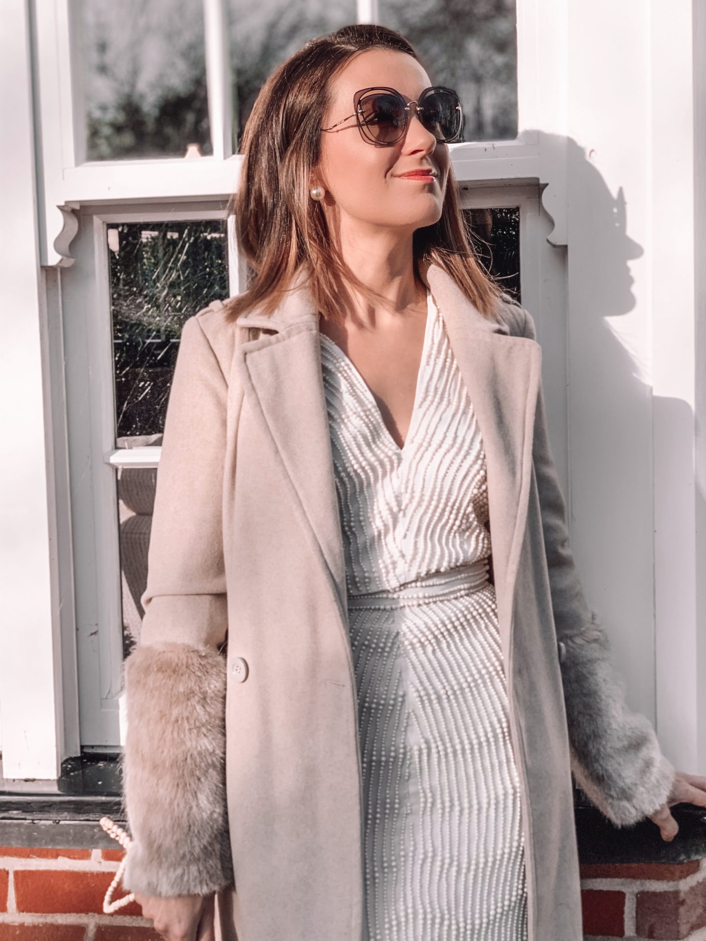 ASOS EDITION embellished pearl midi skirt co-ord | ASOS EDITION embellished pearl kimono sleeve top co-ord | Miu Miu sunglasses | Fashion Union Hybrid Faux Fur Sleeves Coat