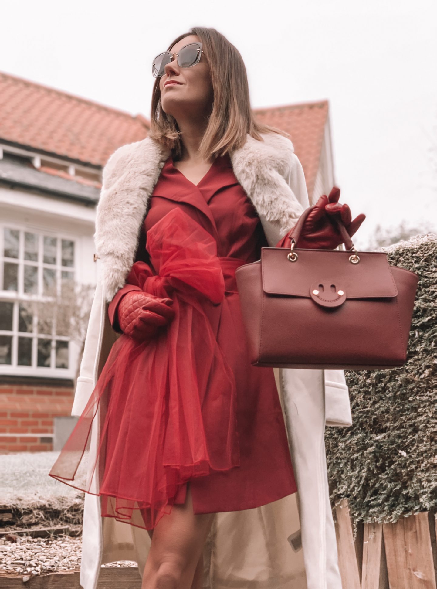 Missguided blazer dress with mesh bow waist detail in burgundy | Miu Miu sunglasses | Dune burgundy gloves | Mix/Hill & Friends Satchel Bag | Lauren Ralph Lauren® Faux Fur Trim Wool Wrap Coat