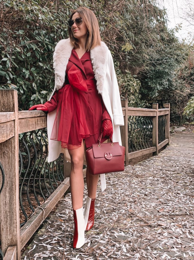 Missguided blazer dress with mesh bow waist detail in burgundy | Miu Miu sunglasses | Dune burgundy gloves | Mix/Hill &amp; Friends Satchel Bag | Lauren Ralph Lauren® Faux Fur Trim Wool Wrap Coat