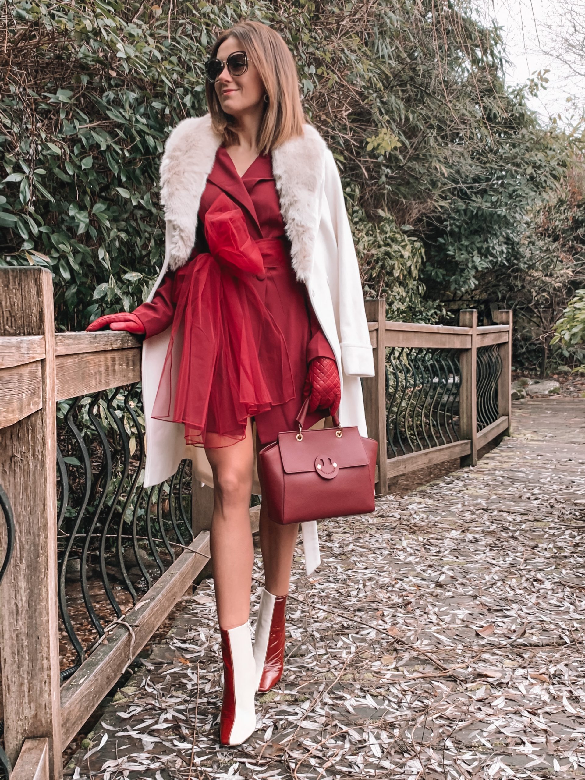 Missguided blazer dress with mesh bow waist detail in burgundy | Miu Miu sunglasses | Dune burgundy gloves | Mix/Hill & Friends Satchel Bag | Lauren Ralph Lauren® Faux Fur Trim Wool Wrap Coat