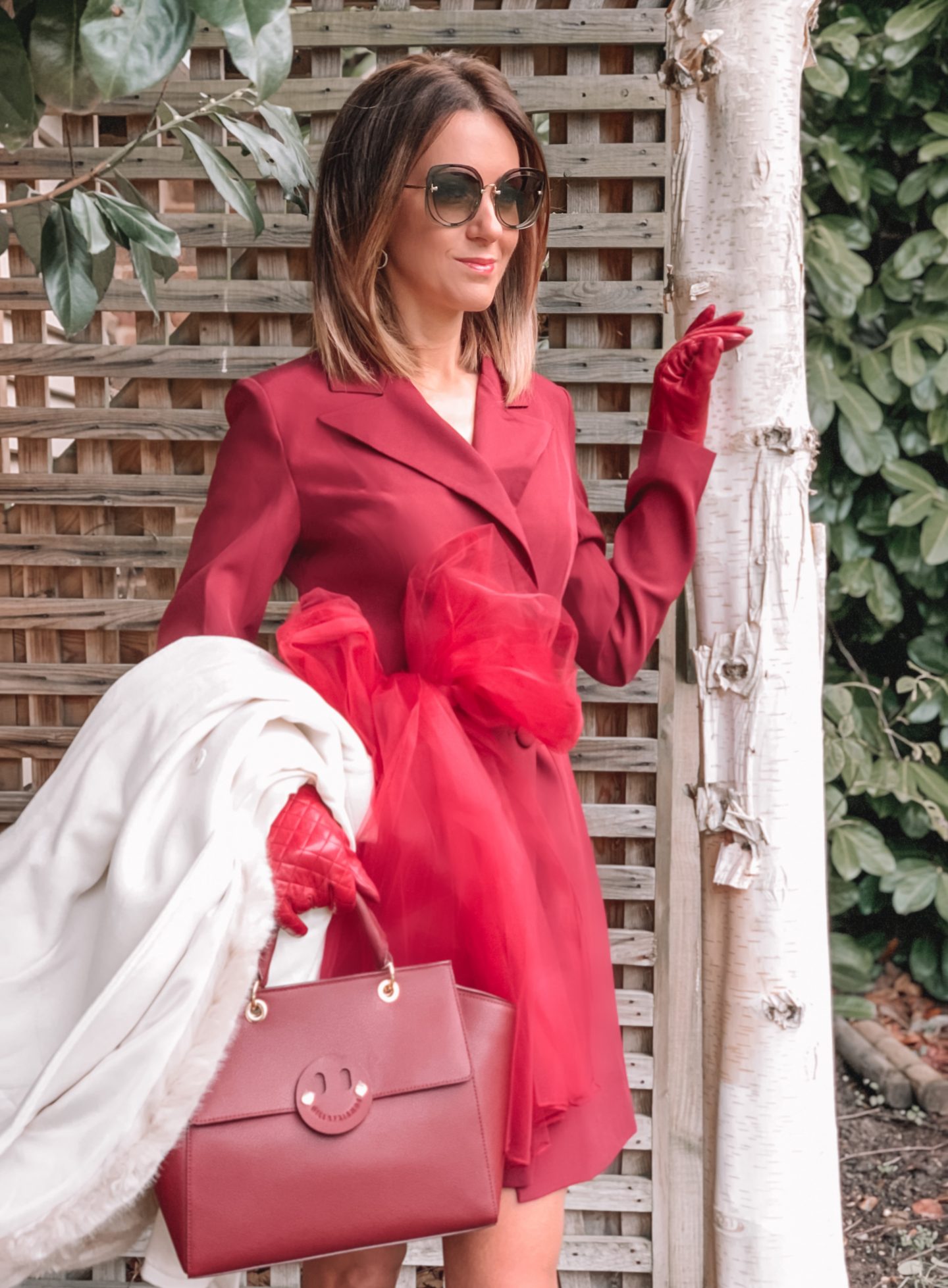 Missguided blazer dress with mesh bow waist detail in burgundy | Miu Miu sunglasses | Dune burgundy gloves | Mix/Hill & Friends Satchel Bag | Lauren Ralph Lauren® Faux Fur Trim Wool Wrap Coat