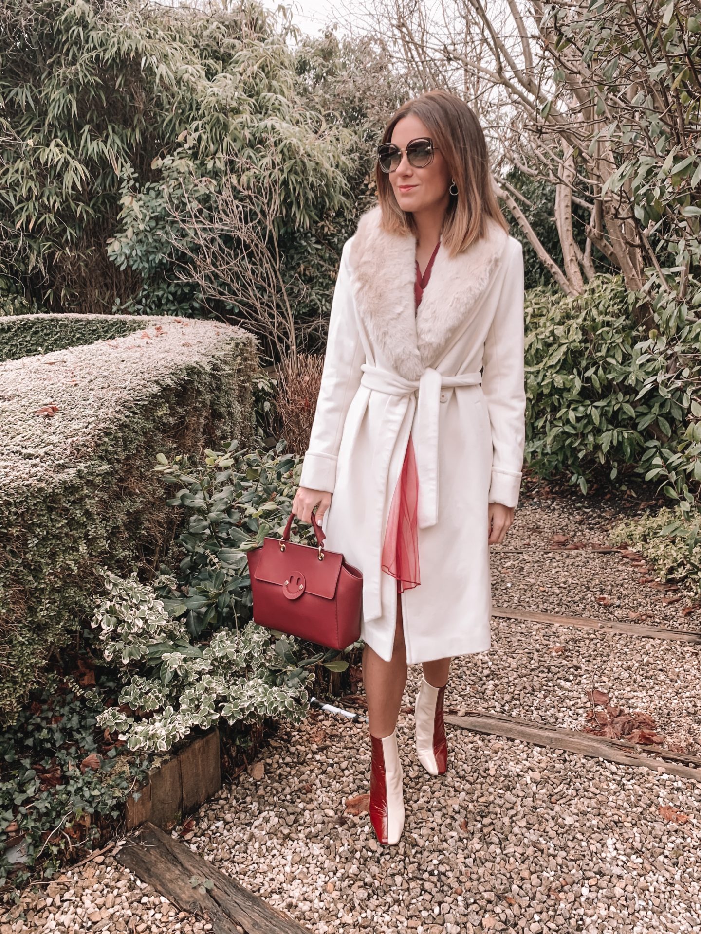 Missguided blazer dress with mesh bow waist detail in burgundy | Miu Miu sunglasses | Dune burgundy gloves | Mix/Hill & Friends Satchel Bag | Lauren Ralph Lauren® Faux Fur Trim Wool Wrap Coat