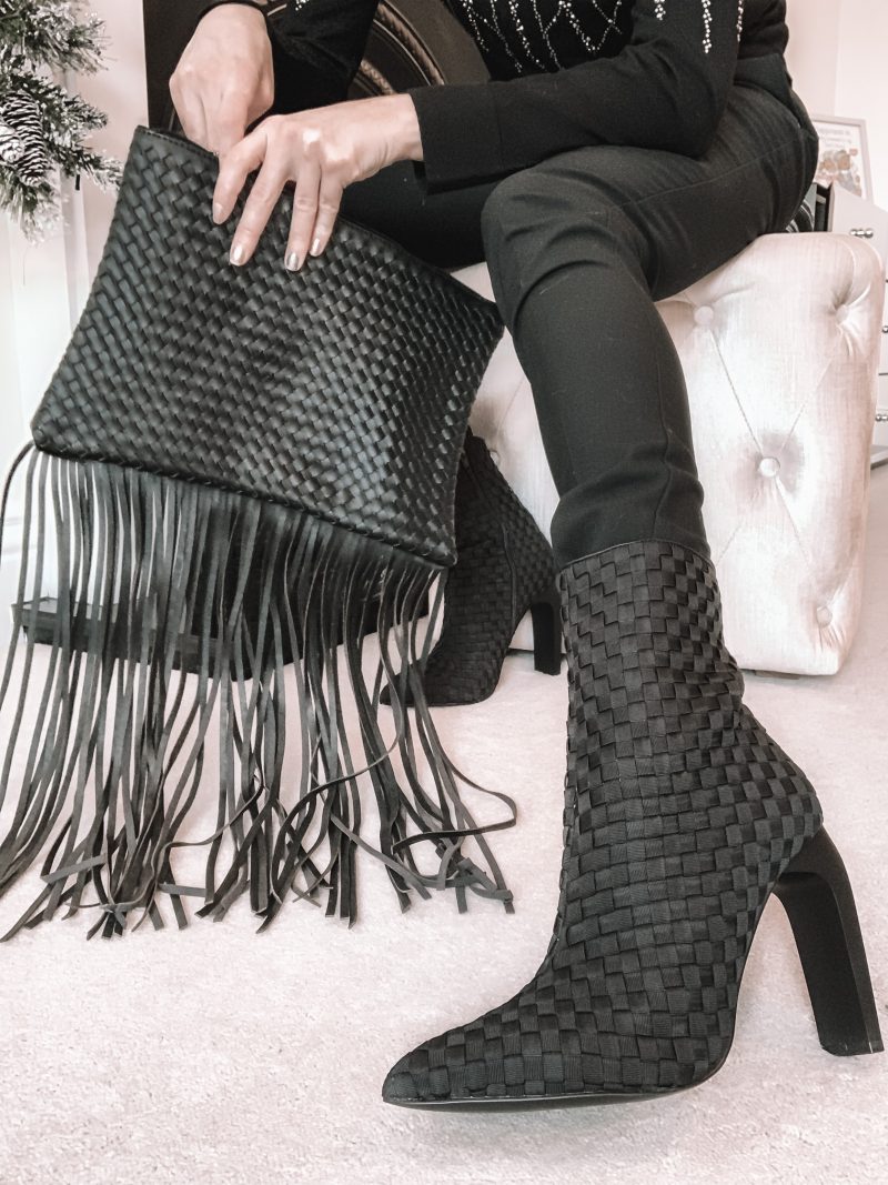 ASOS DESIGN Empower woven high heeled boots in black | My Accessories London woven clutch with fringing