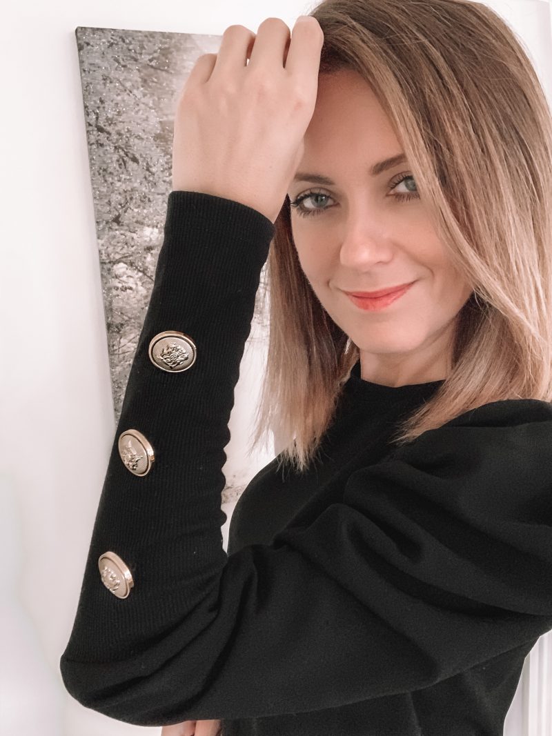 Elegant Duchess Boutique Black Puff Sleeves Button Detail Top Jumper