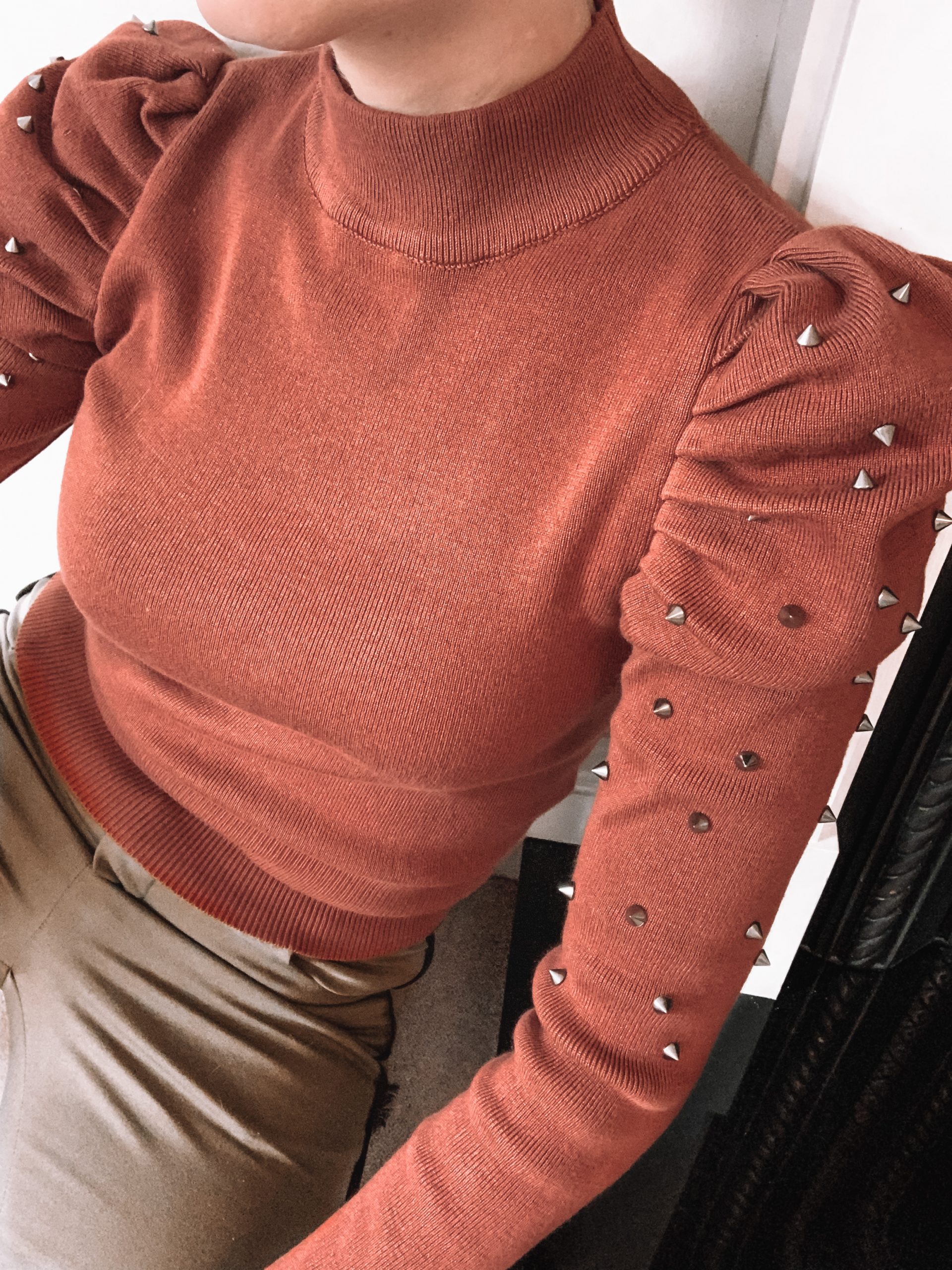 Forever Unique Tan Knitted Puff Sleeves Jumper and studded embellishments