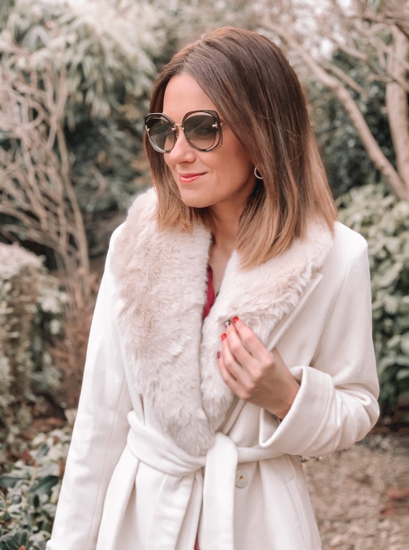 Missguided blazer dress with mesh bow waist detail in burgundy | Miu Miu sunglasses | Lauren Ralph Lauren® Faux Fur Trim Wool Wrap Coat