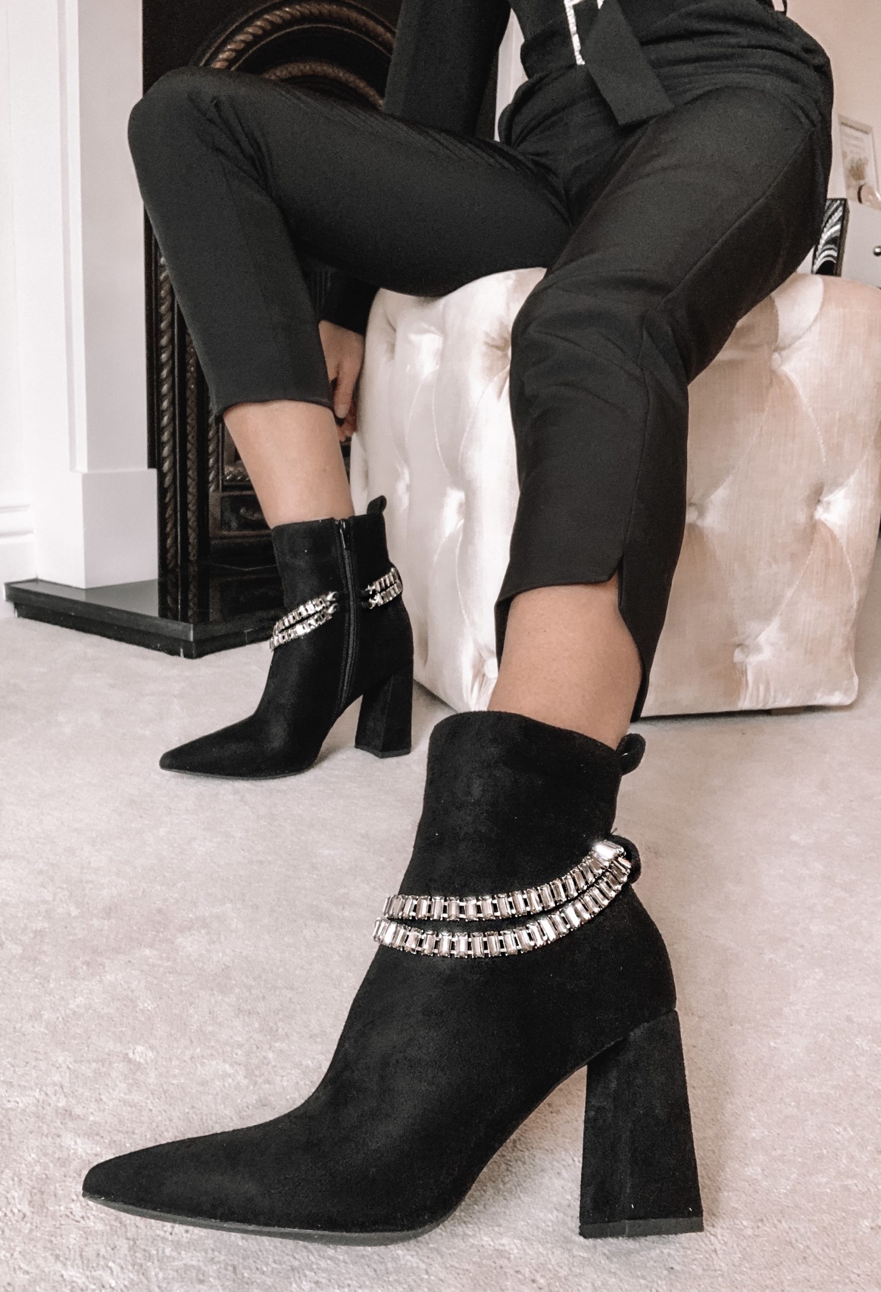 London Rebel pointed block heel ankle boots in black with crystal chain