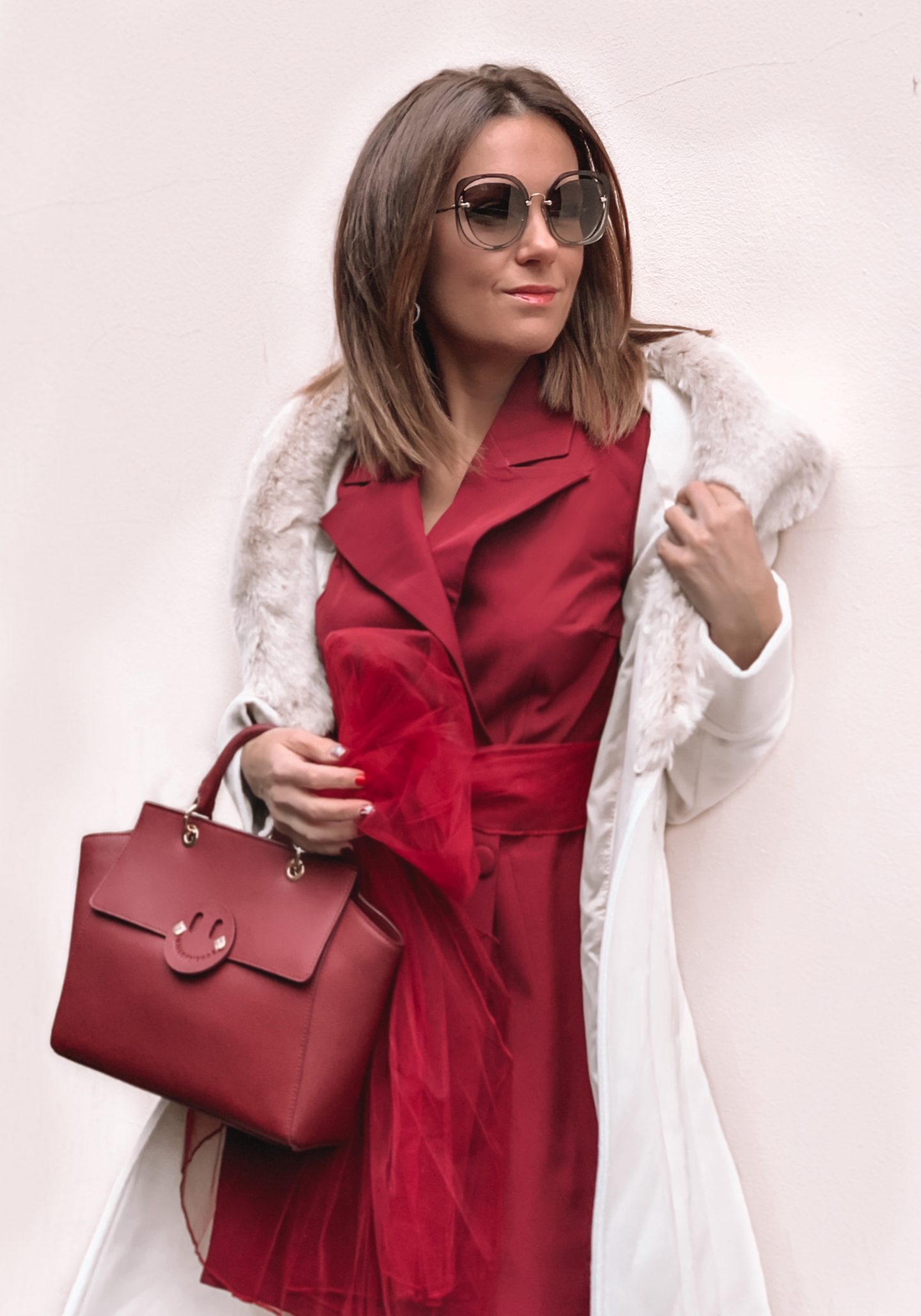 Missguided blazer dress with mesh bow waist detail in burgundy | Miu Miu sunglasses | Dune burgundy gloves | Mix/Hill & Friends Satchel Bag | Lauren Ralph Lauren® Faux Fur Trim Wool Wrap Coat