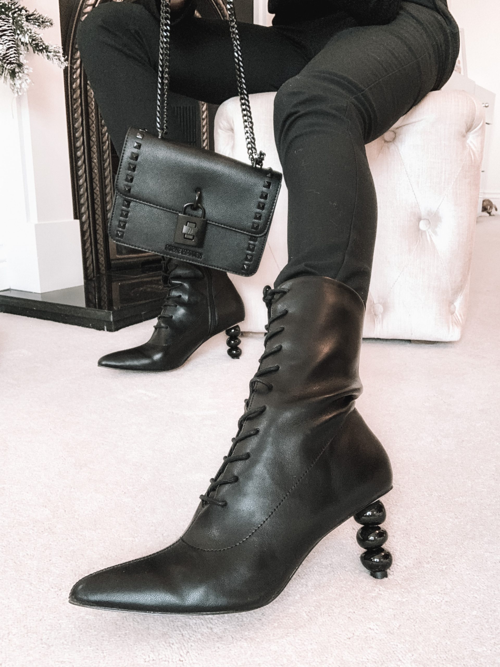 ASOS DESIGN Reward lace up heeled boots with sculptured heel | Steve Madden Baspenn studded chain cross body bag in tonal black