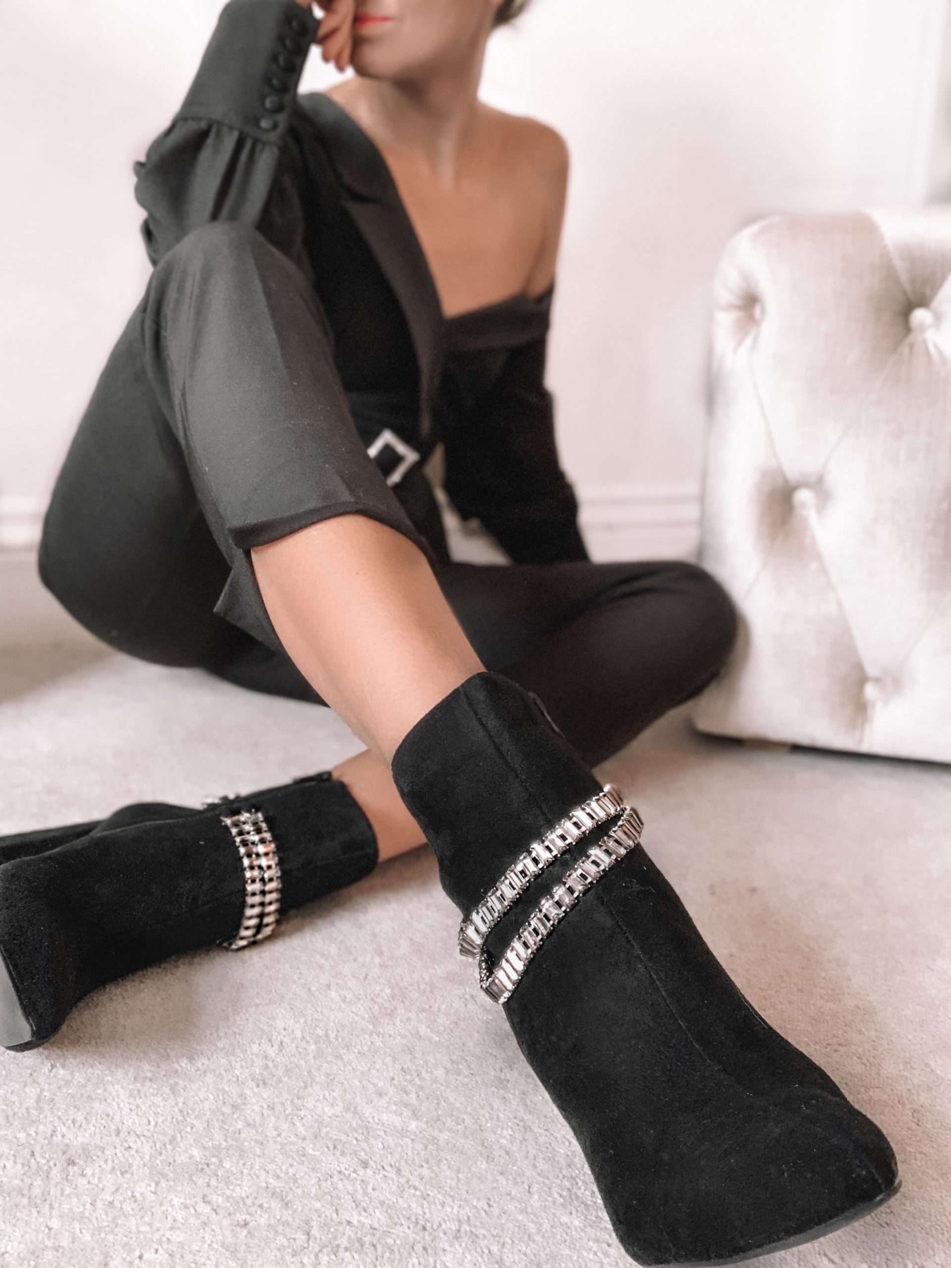 London Rebel pointed block heel ankle boots in black with crystal chain