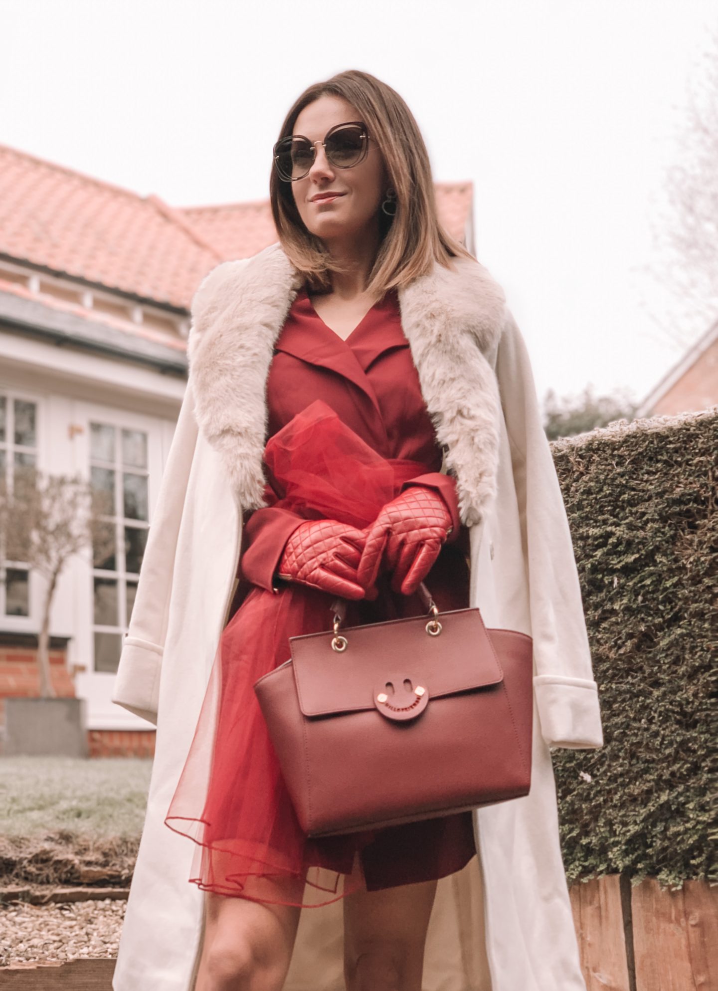 Missguided blazer dress with mesh bow waist detail in burgundy | Miu Miu sunglasses | Dune burgundy gloves | Mix/Hill & Friends Satchel Bag | Lauren Ralph Lauren® Faux Fur Trim Wool Wrap Coat