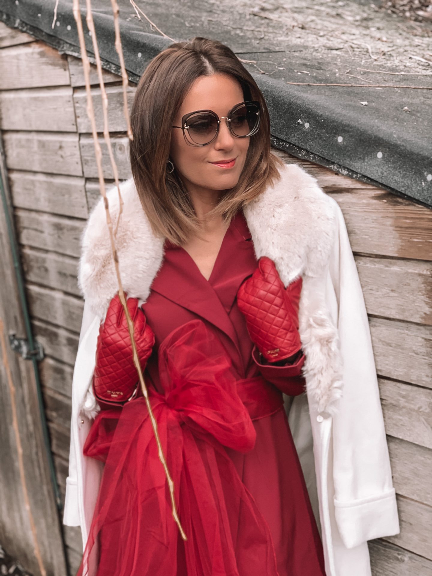 Missguided blazer dress with mesh bow waist detail in burgundy | Miu Miu sunglasses | Dune burgundy gloves | Mix/Hill & Friends Satchel Bag | Lauren Ralph Lauren® Faux Fur Trim Wool Wrap Coat