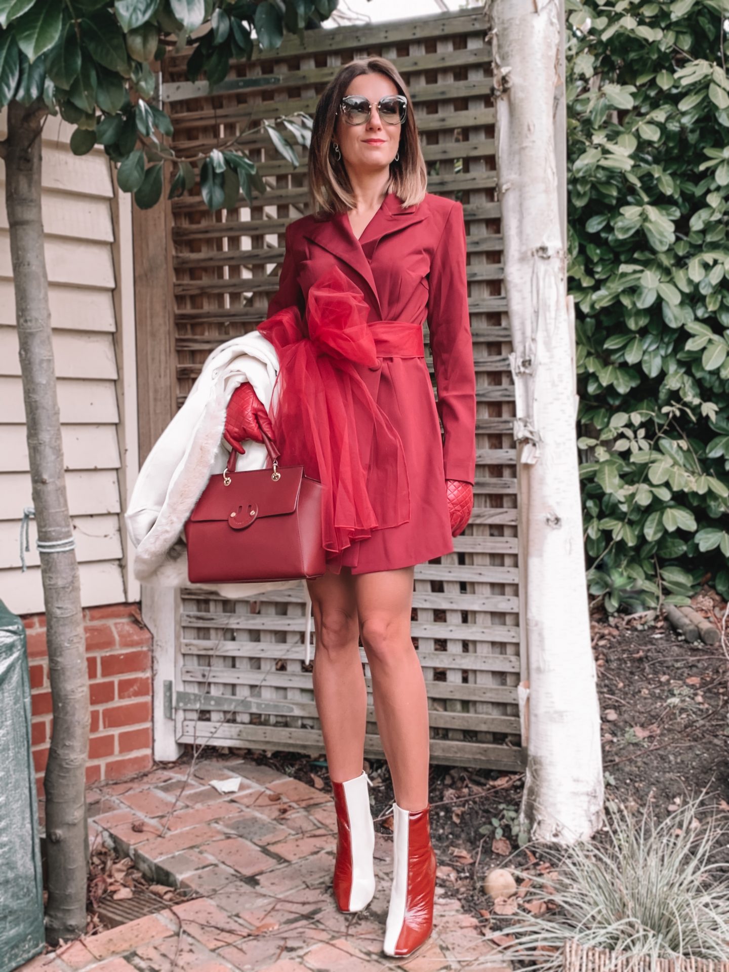 Missguided blazer dress with mesh bow waist detail in burgundy | Miu Miu sunglasses | Dune burgundy gloves | Mix/Hill & Friends Satchel Bag | Lauren Ralph Lauren® Faux Fur Trim Wool Wrap Coat