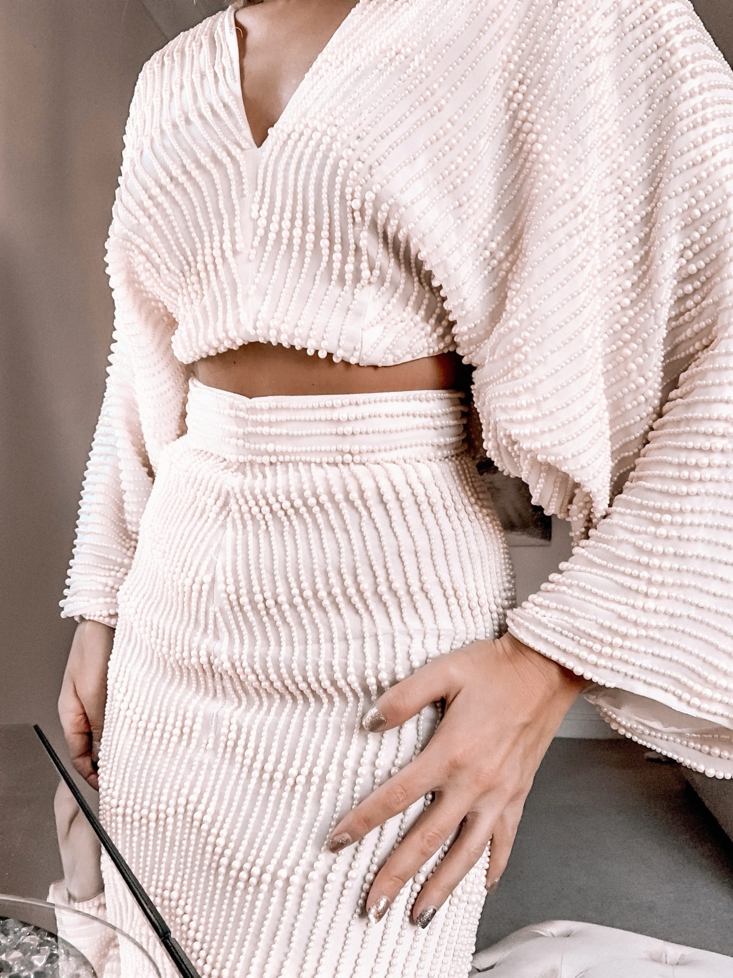 ASOS EDITION embellished pearl midi skirt co-ord | ASOS EDITION embellished pearl kimono sleeve top co-ord