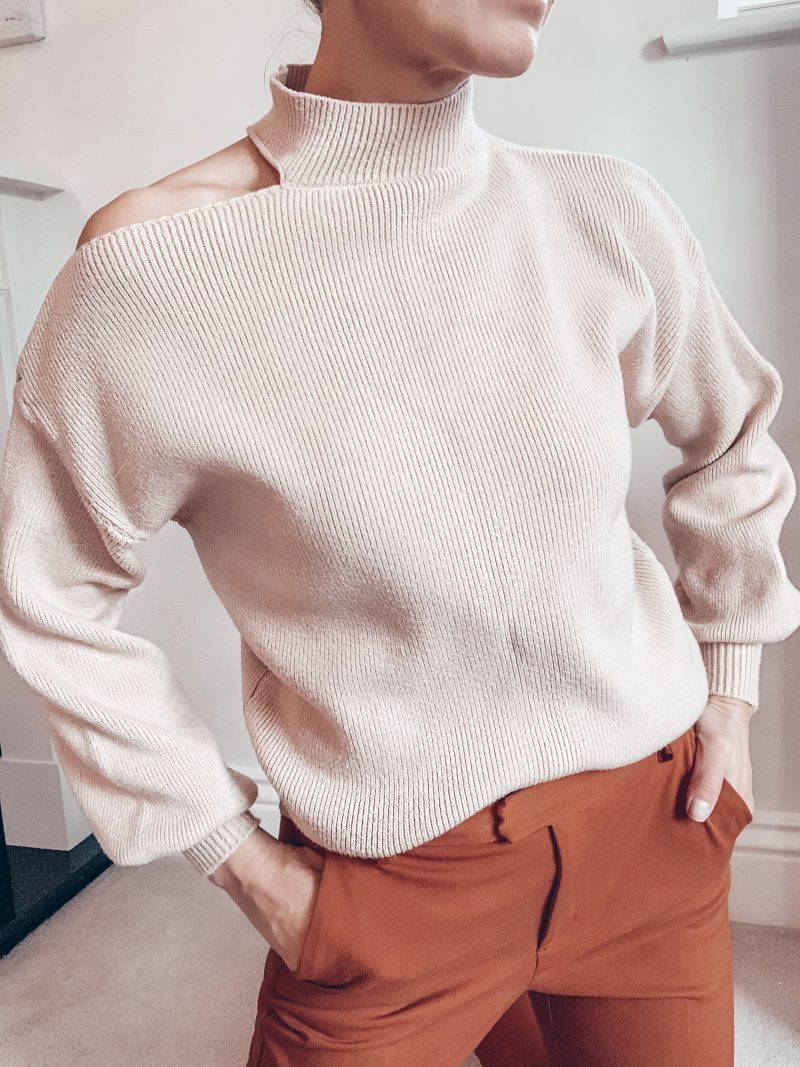 Elegant Duchess Boutique Cut Out Drop Shoulder Rib-knit Casual Sweater