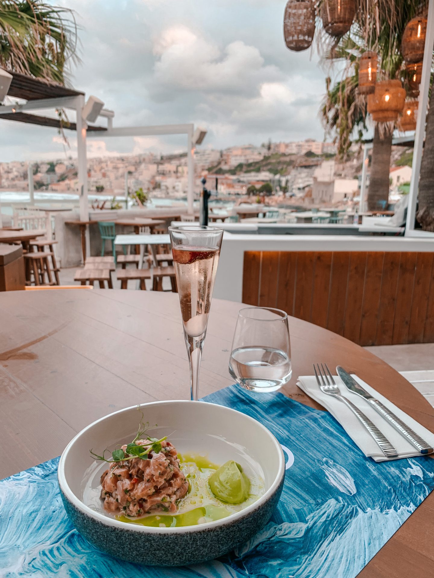 Cavo Rethymno Restaurant, Crete, Greece located at the edge of the town overlooking Fortezza castle and the Mediterranean Sea