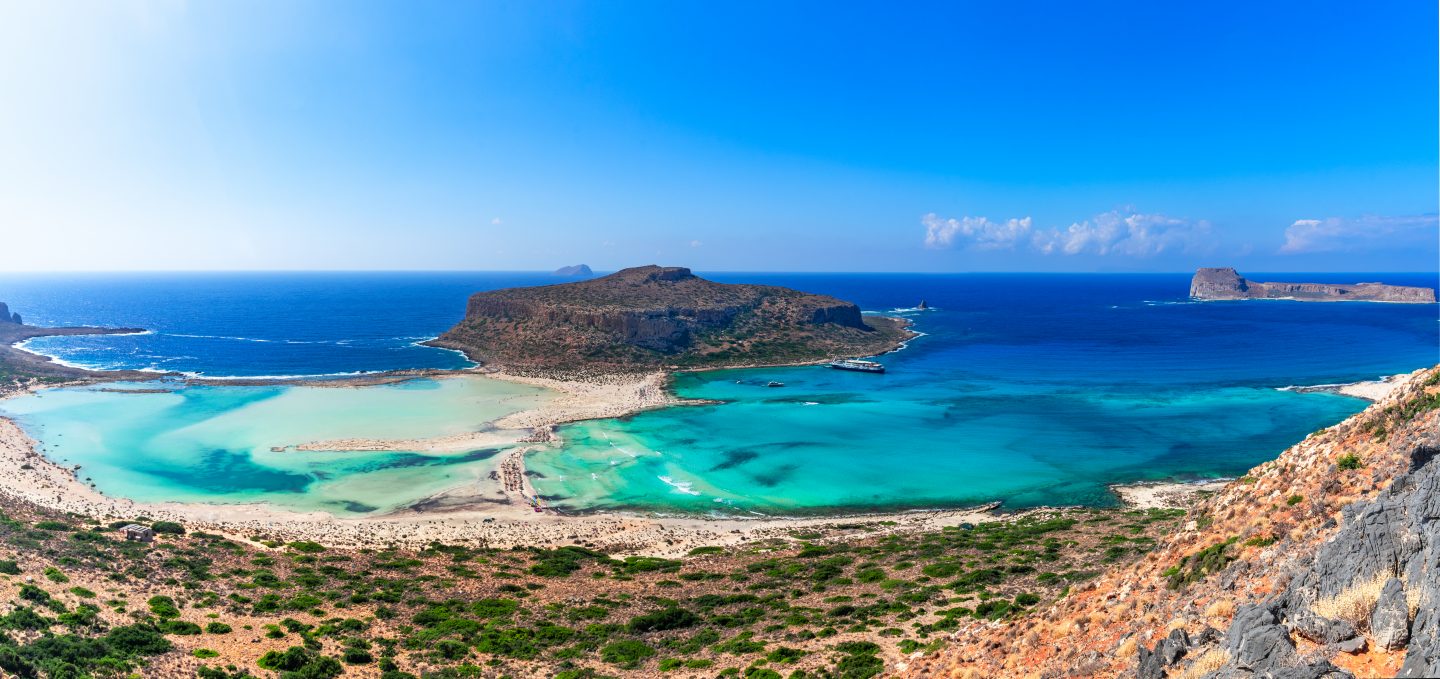 Balos lagoon, Crete island, Greece: Panoramic view of Balos Lagoon, Gramvousa island and Cap Tigani in the center