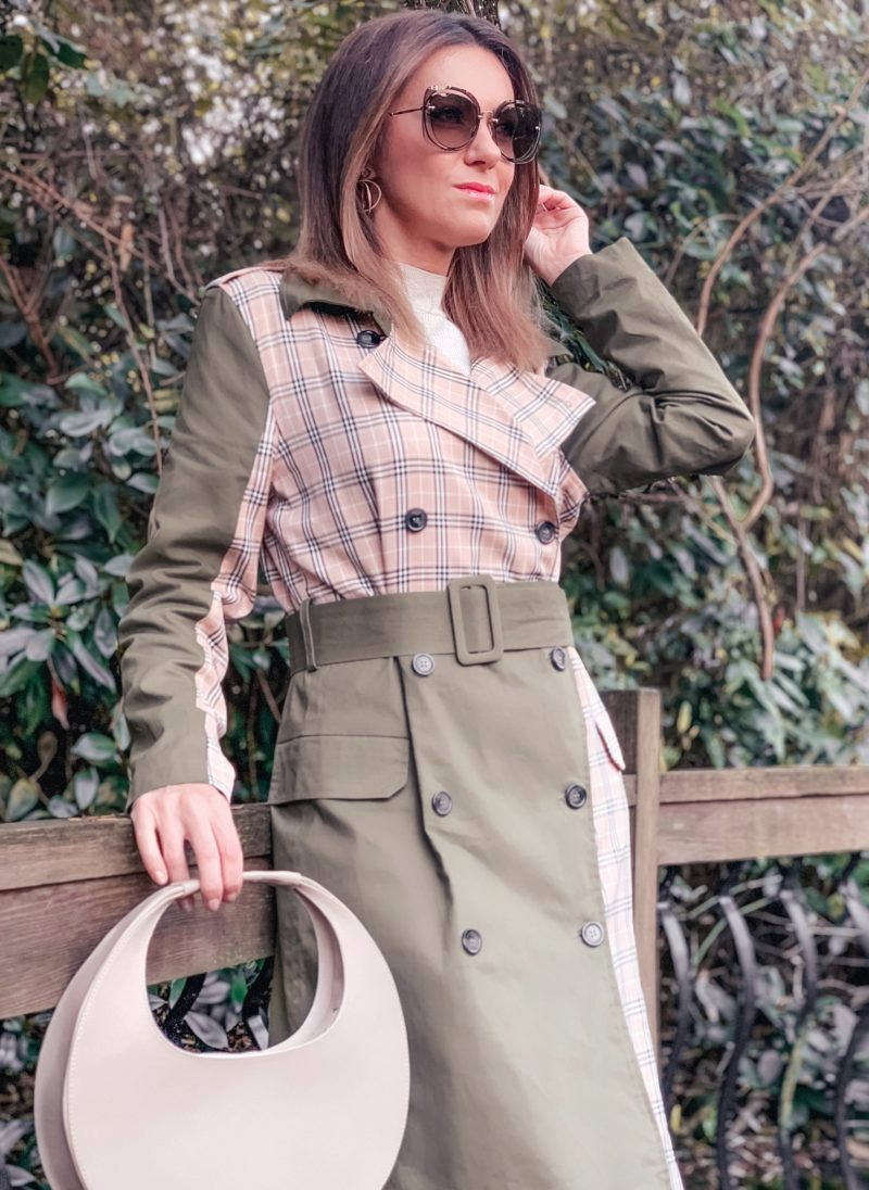 Unique21 mix& match trench in khaki & check | ASOS DESIGN Citrus high-heeled knee boots in khaki and tan mix | ASOS DESIGN smooth curved shoulder bag in beige | Miu Miu sunglasses
