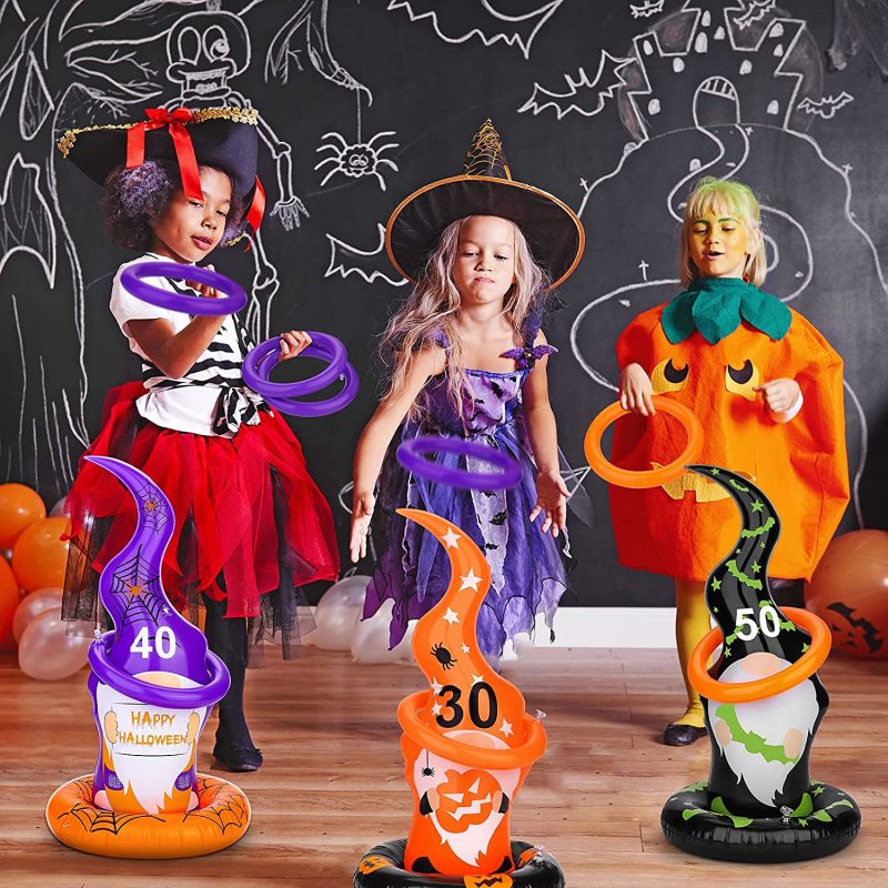 Halloween Gnome Ring Toss Game Inflatable Witch Hat with Bats
