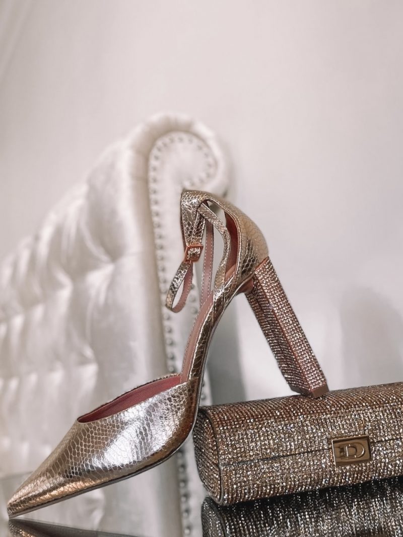 Dune London Metallic Bryannie Crystal Embellished Clutch Bag | ASOS DESIGN Wide Fit Praise embellished high heeled shoes in rose gold