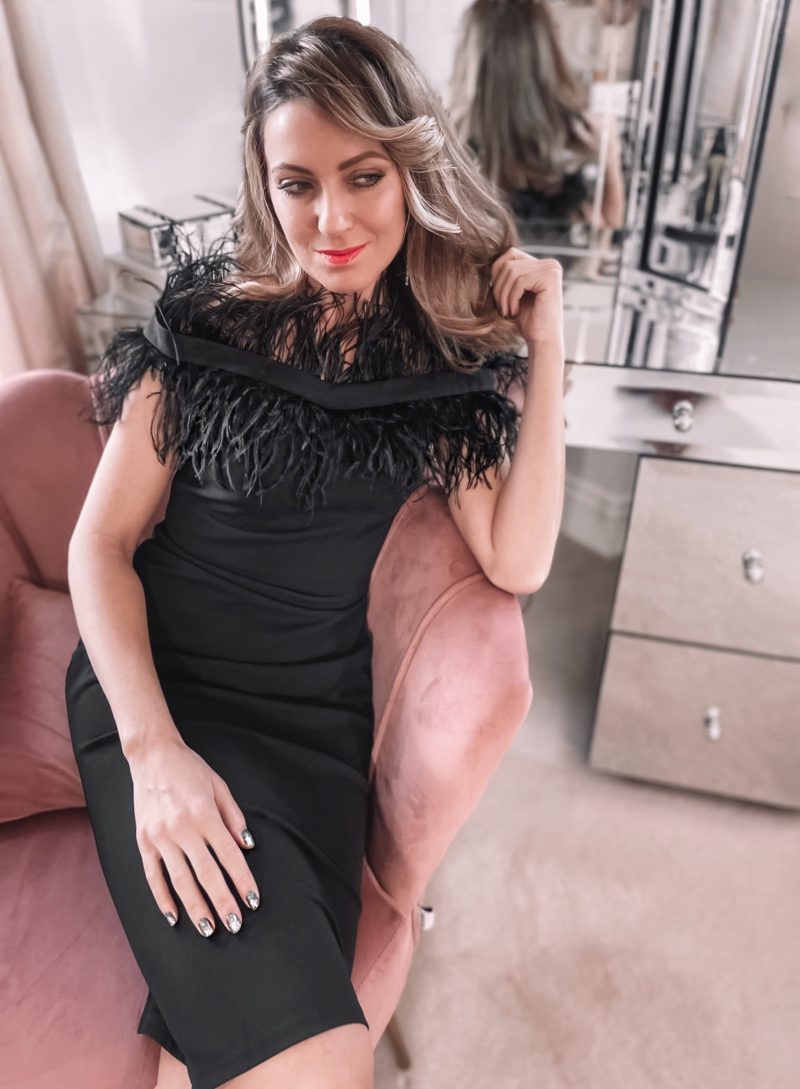 GODDIVA OFF THE SHOULDER FEATHER MIDI DRESS - BLACK