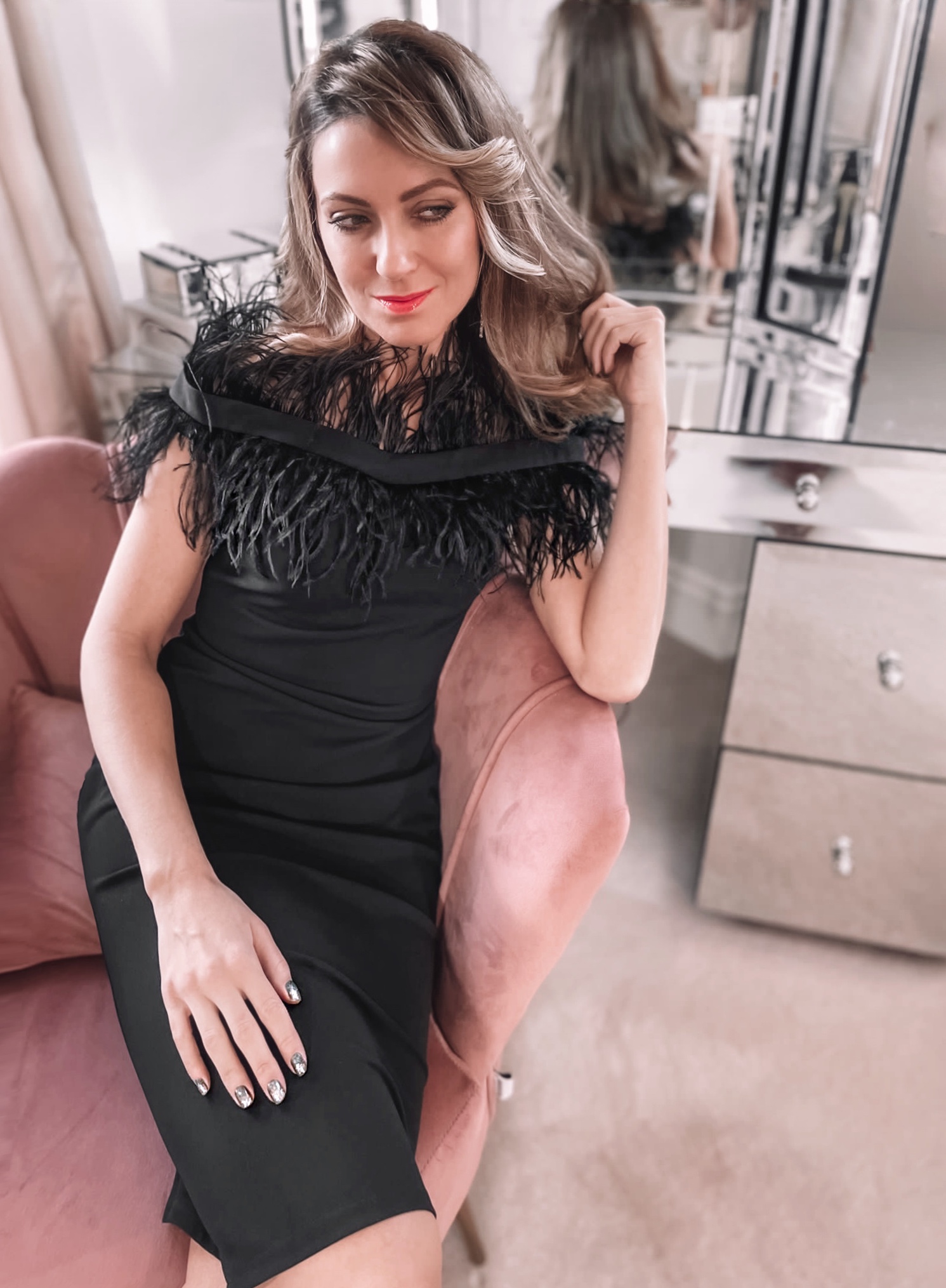 GODDIVA OFF THE SHOULDER FEATHER MIDI DRESS - BLACK