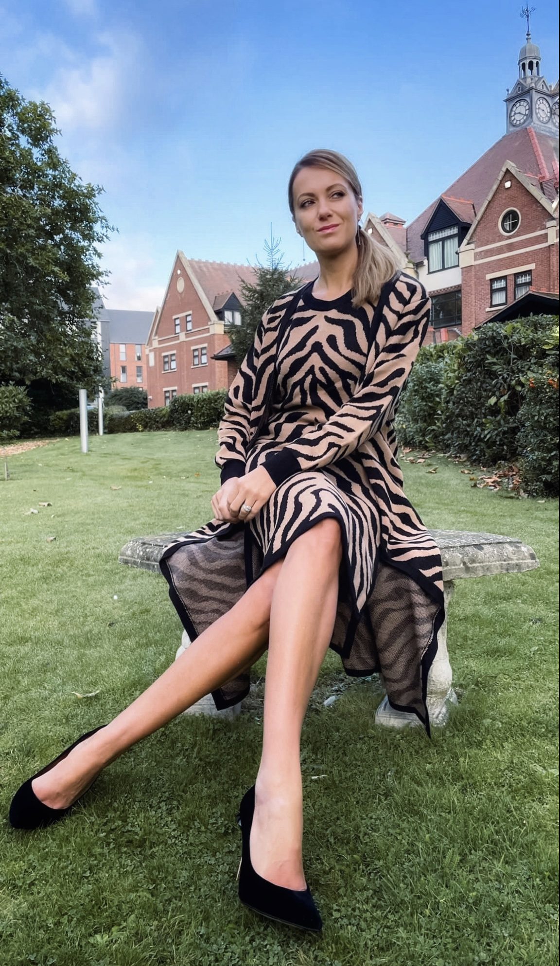 Forever Unique Tan and Black Animal Knitted Midi Dress | Forever Unique Tan and Black Animal Knitted Longline Cardigan | Ted Baker Velvet and Diamond Heel Shoes | Miu Miu Sunglasses | Next Bag | Swarovski Swan Drop Earrings