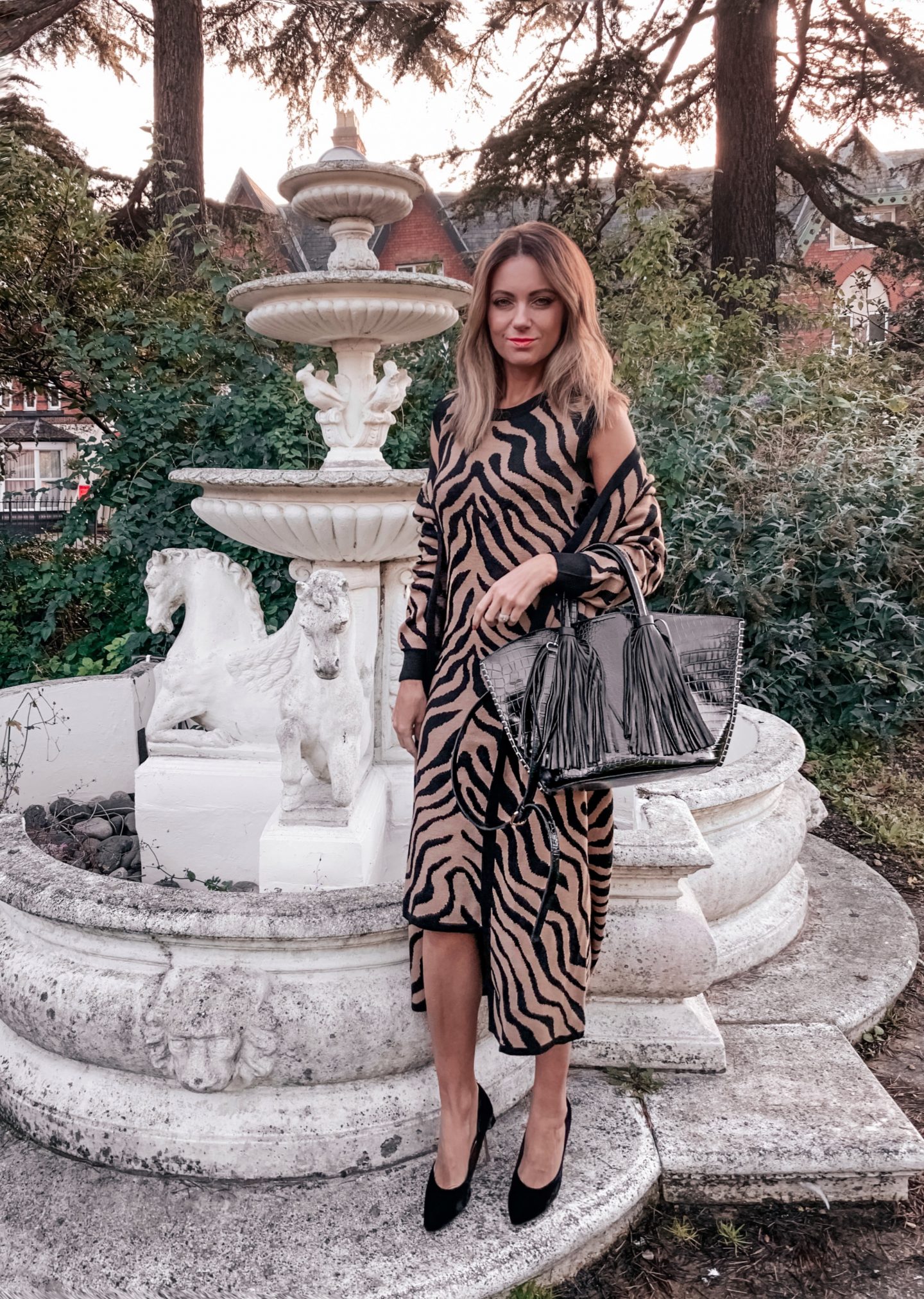 Forever Unique Tan and Black Animal Knitted Midi Dress | Forever Unique Tan and Black Animal Knitted Longline Cardigan | Ted Baker Velvet and Diamond Heel Shoes | Miu Miu Sunglasses | Next Bag | Swarovski Swan Drop Earrings