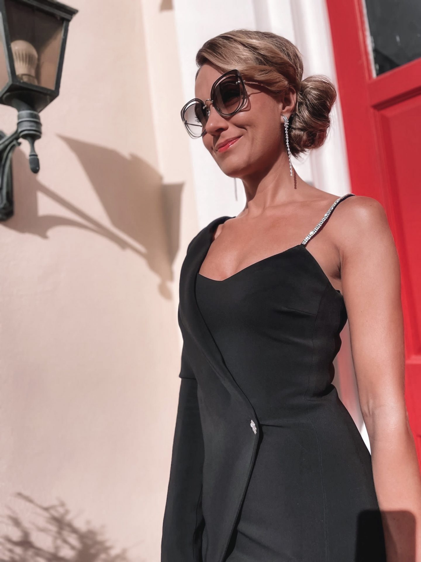 Karen Millen Compact Stretch Viscose Wrap Tux Mini Dress | Asymmetric fashion | Swarovski Earrings | Mi Miu sunglasses | Zara shoes
