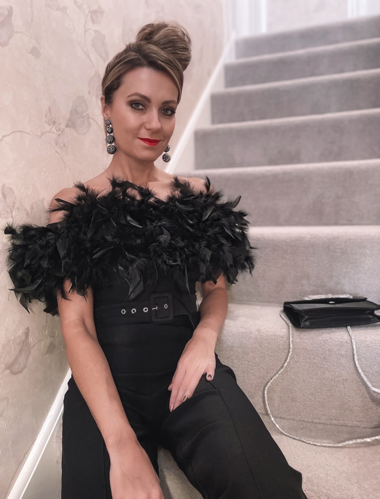 Lipsy Premium Feather Jumpsuit | Dune London Black Bonus Encrusted Heel Courts | ASOS DESIGN envelope shoulder bag with diamante bow in black satin