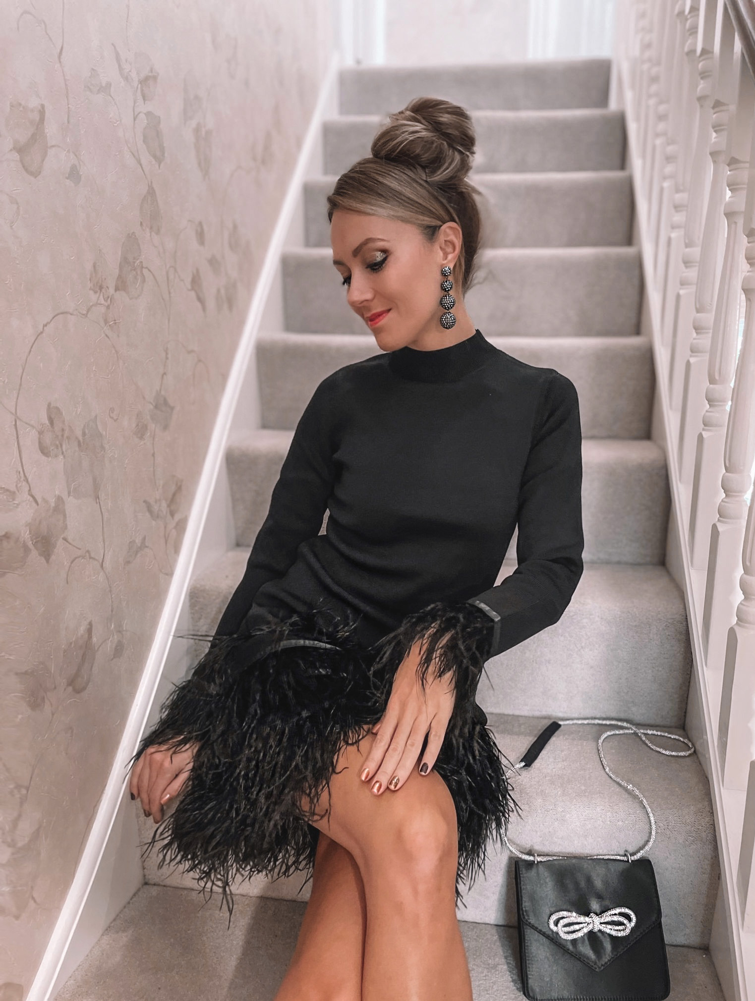Feather Hem Knit Mini Dress | ASOS DESIGN envelope shoulder bag with diamante bow in black satin | Public Desire Wide Fit Midnight heeled shoes with bow detail in black