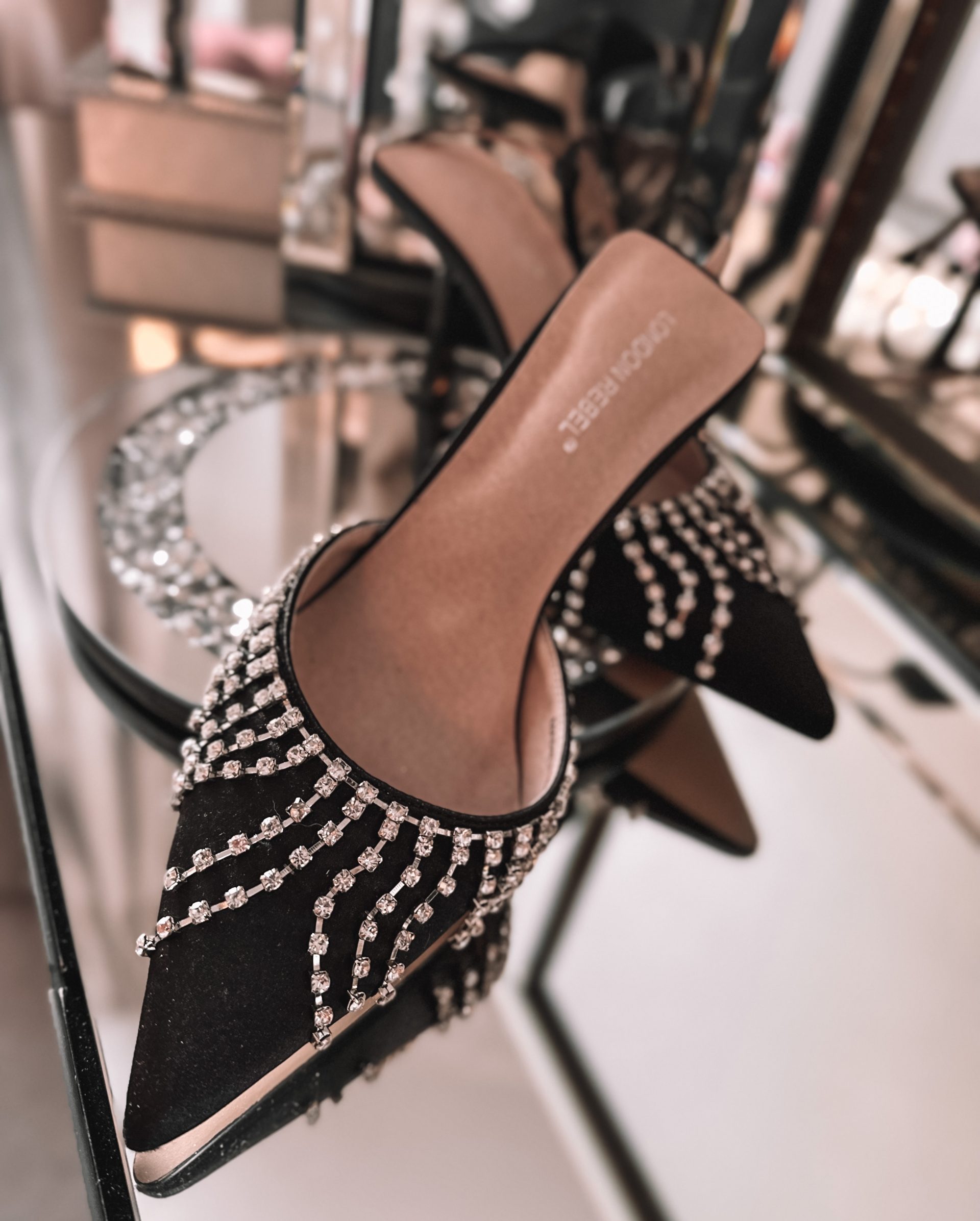 London Rebel embellished pointed heeled shoes in black satin