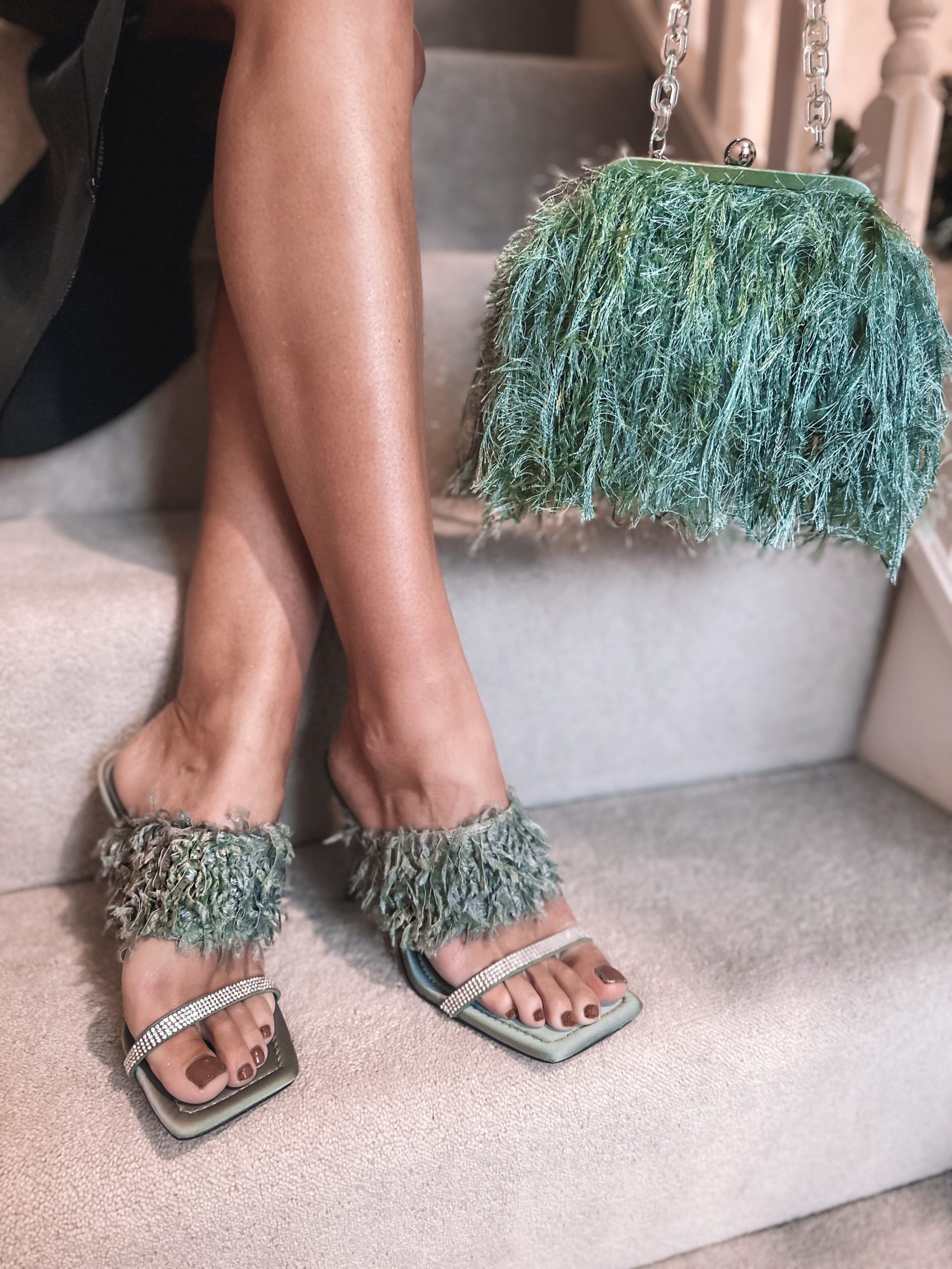 ASOS DESIGN Nettle faux feather embellished heeled mules in sage green