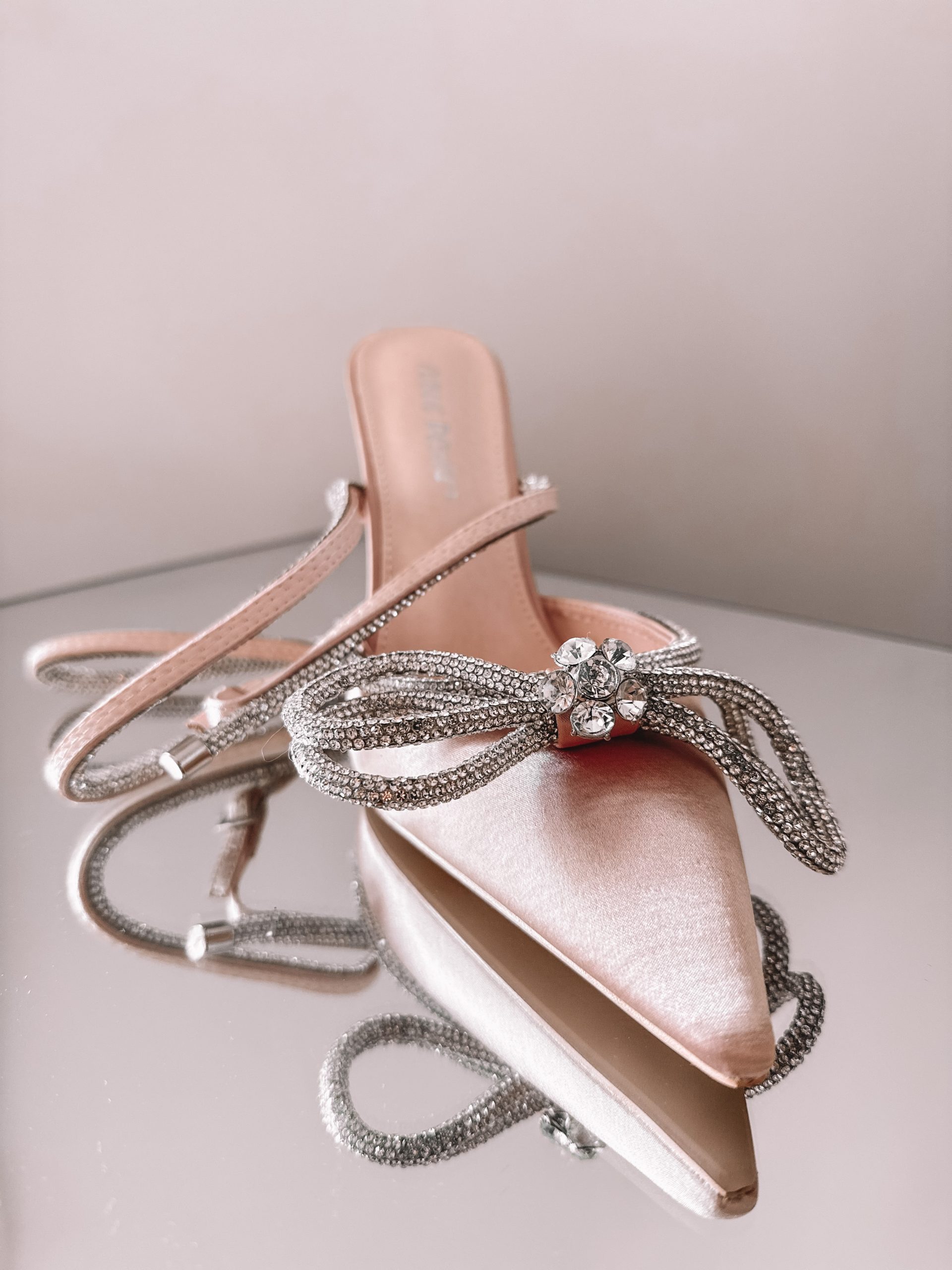 Public Desire Midnight Exclusive bow heel shoes in peach satin