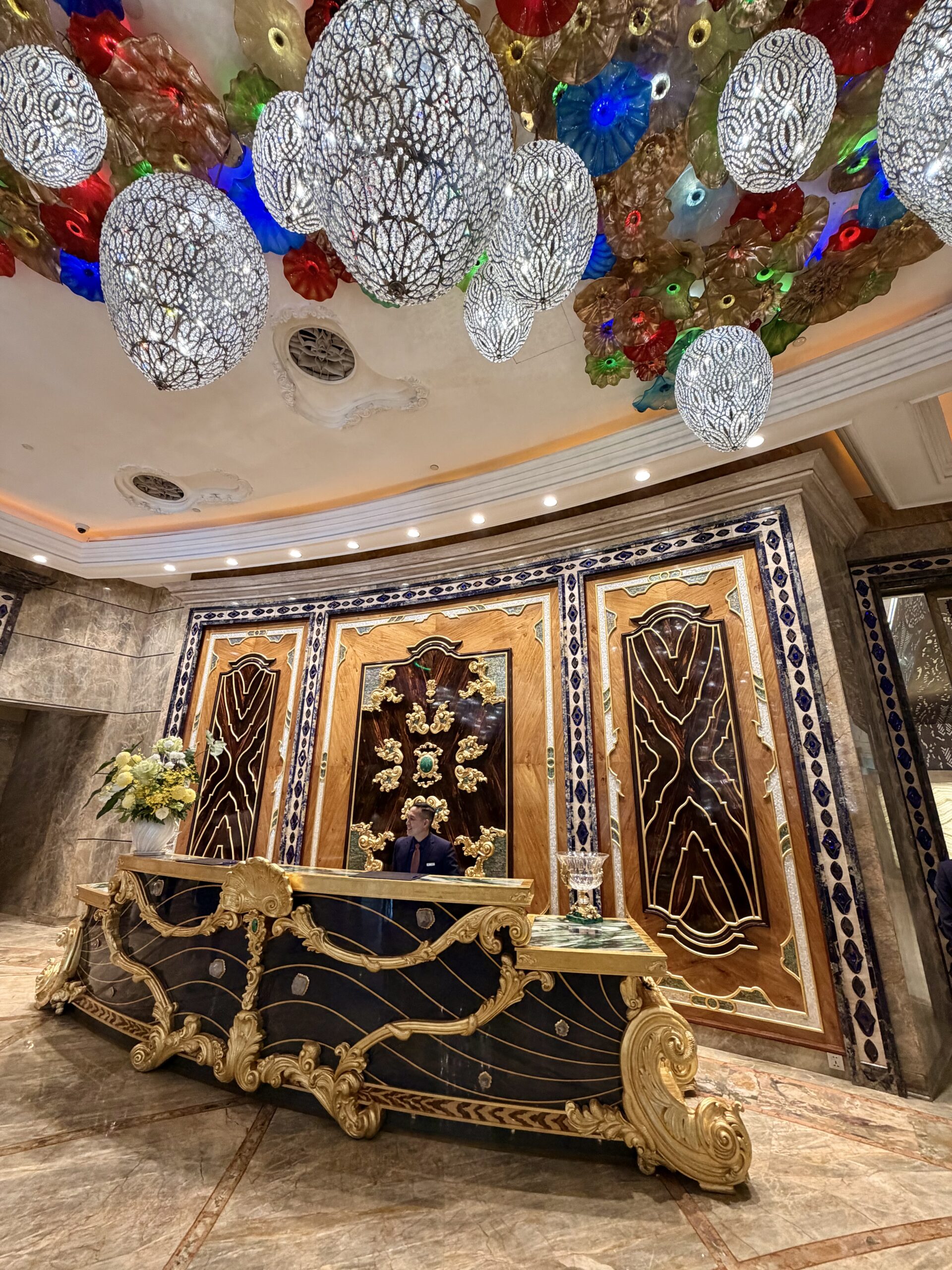 Grand lobby of The Reverie Saigon with seven-metre vaulted ceiling and Baldi Monumental clock, Ho Chi Minh Grand lobby of The Reverie Saigon with seven-metre vaulted ceiling and Baldi Monumental clock, Ho Chi Minh