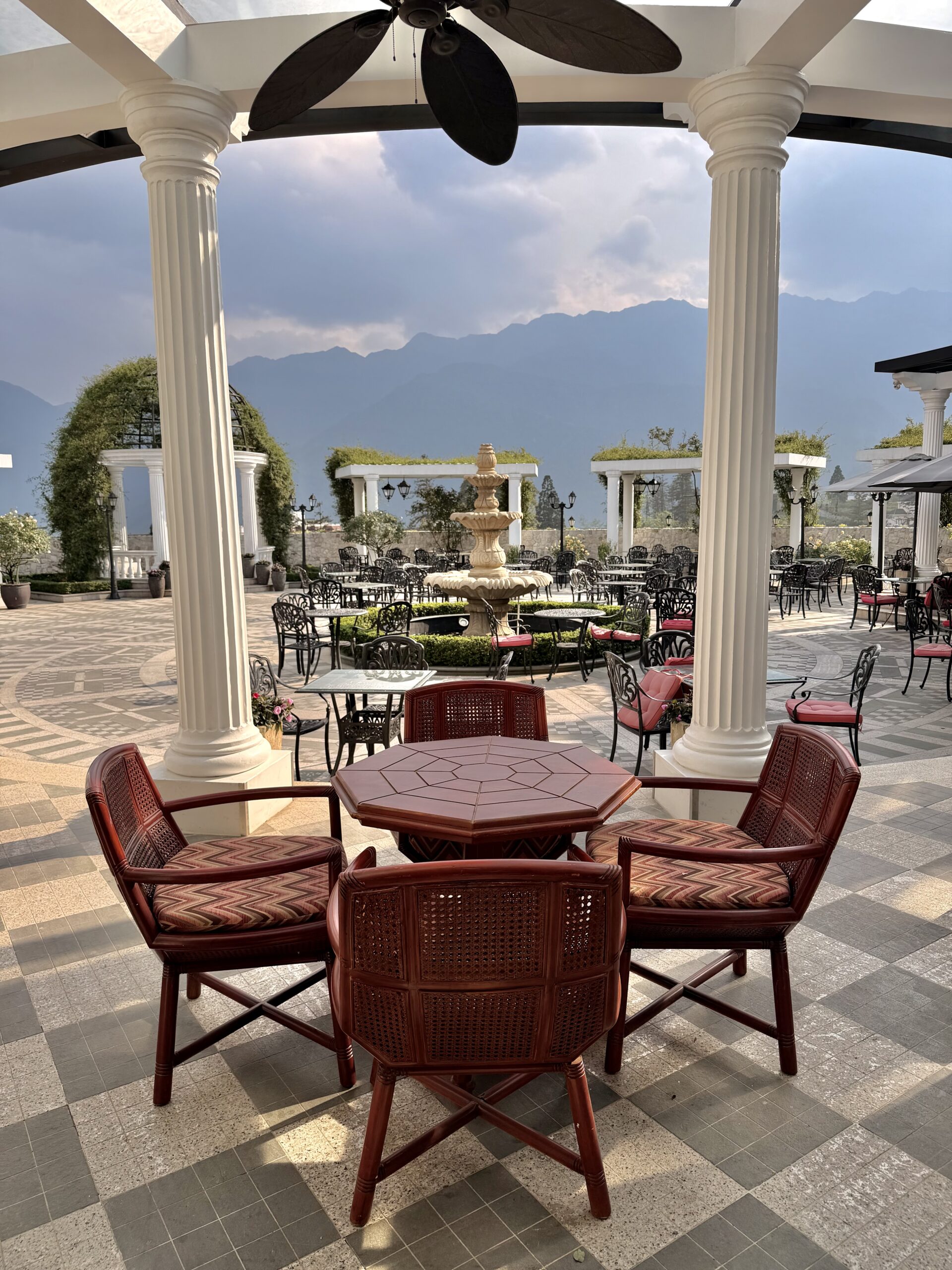 Café 1500 terrace with mountain views at Silk Path Grand Sapa Resort, Vietnam Café 1500 terrace with mountain views at Silk Path Grand Sapa Resort, Vietnam